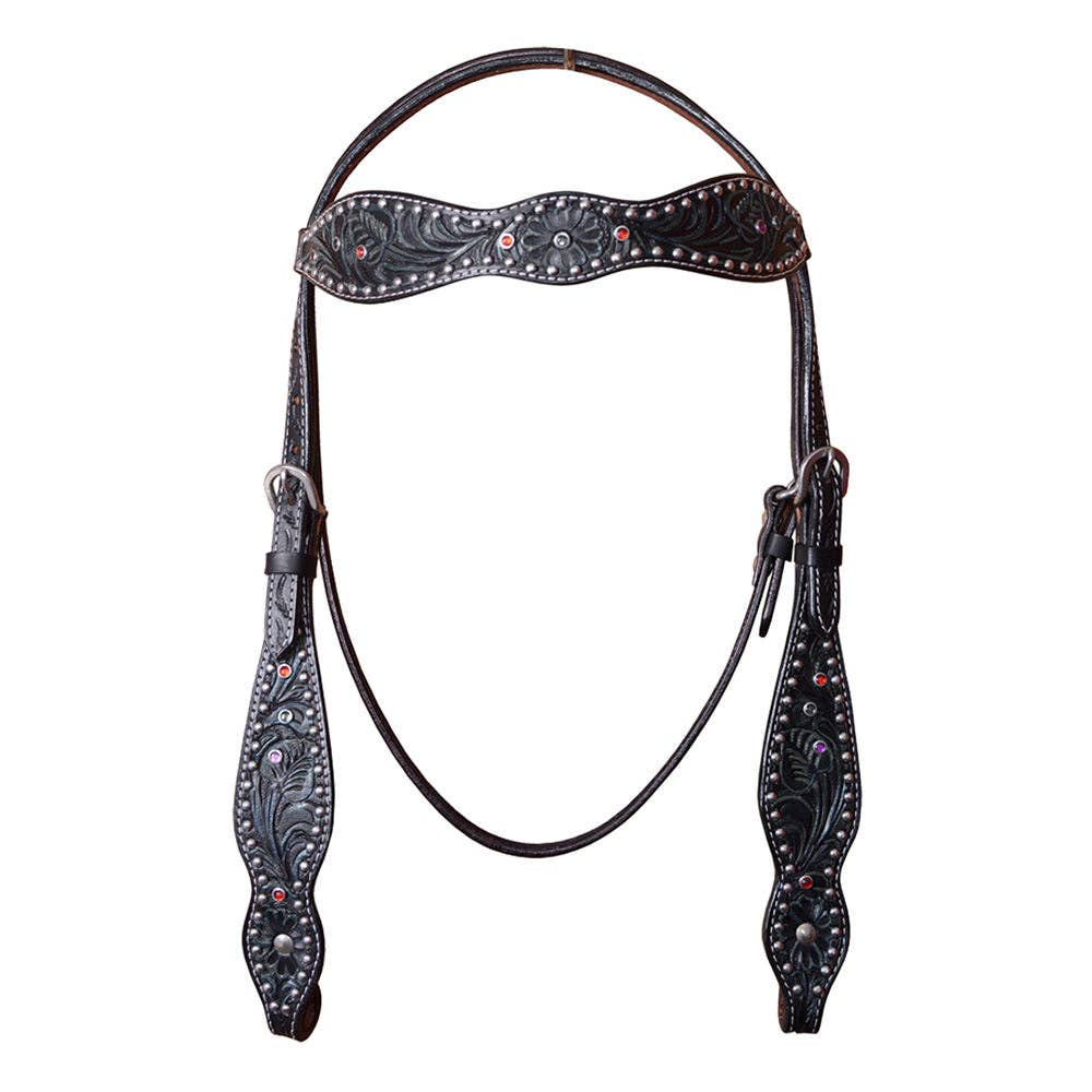 Horse Leather Headstall & Breast Collar Set Floral Black