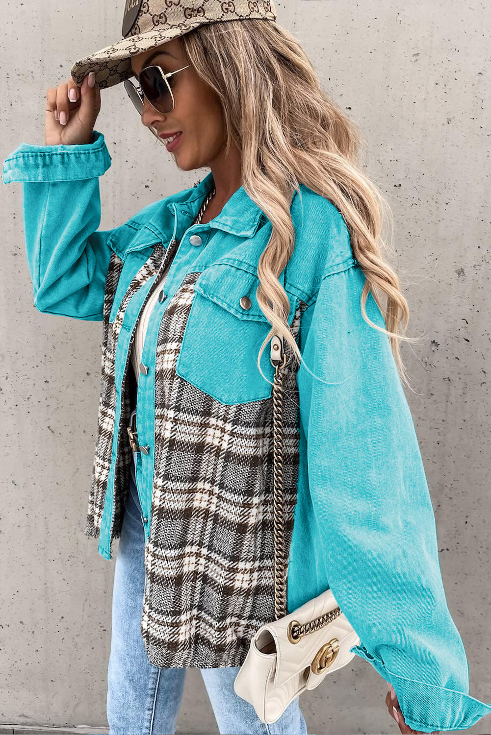 Brown Plaid Patchwork Pockets Denim Jacket