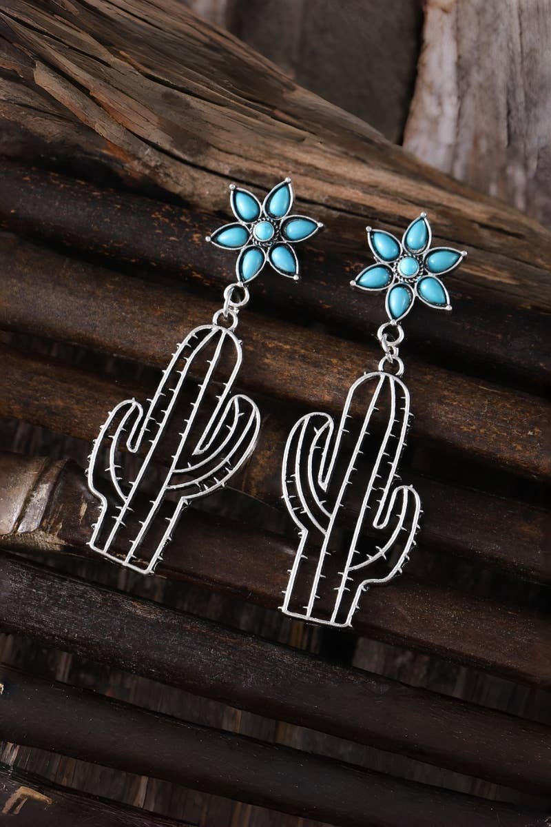 Bohemian Western Earrings: Turquoise Flower & Openwork Cacti