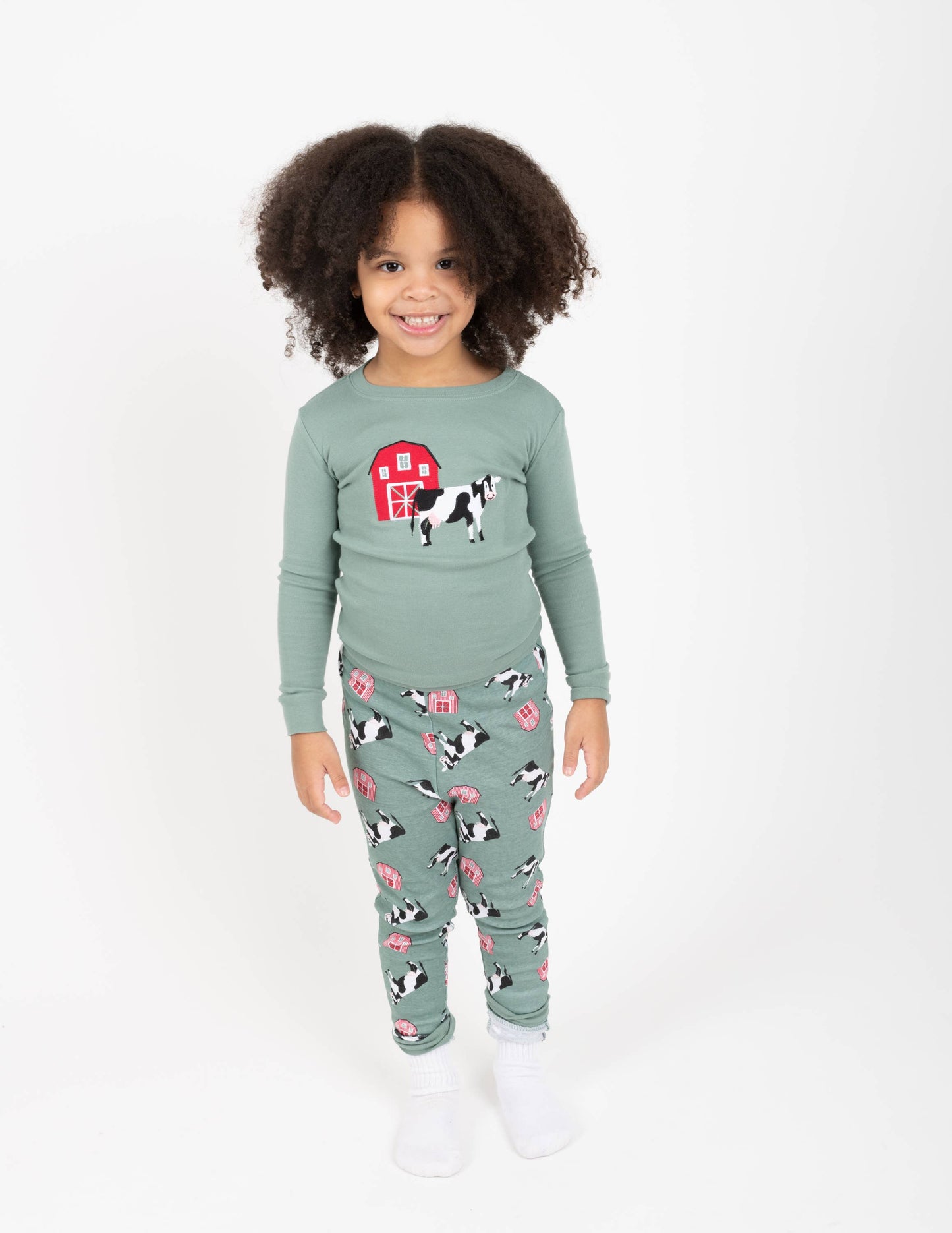 Kids Two Piece Cotton Pajamas Cow Green