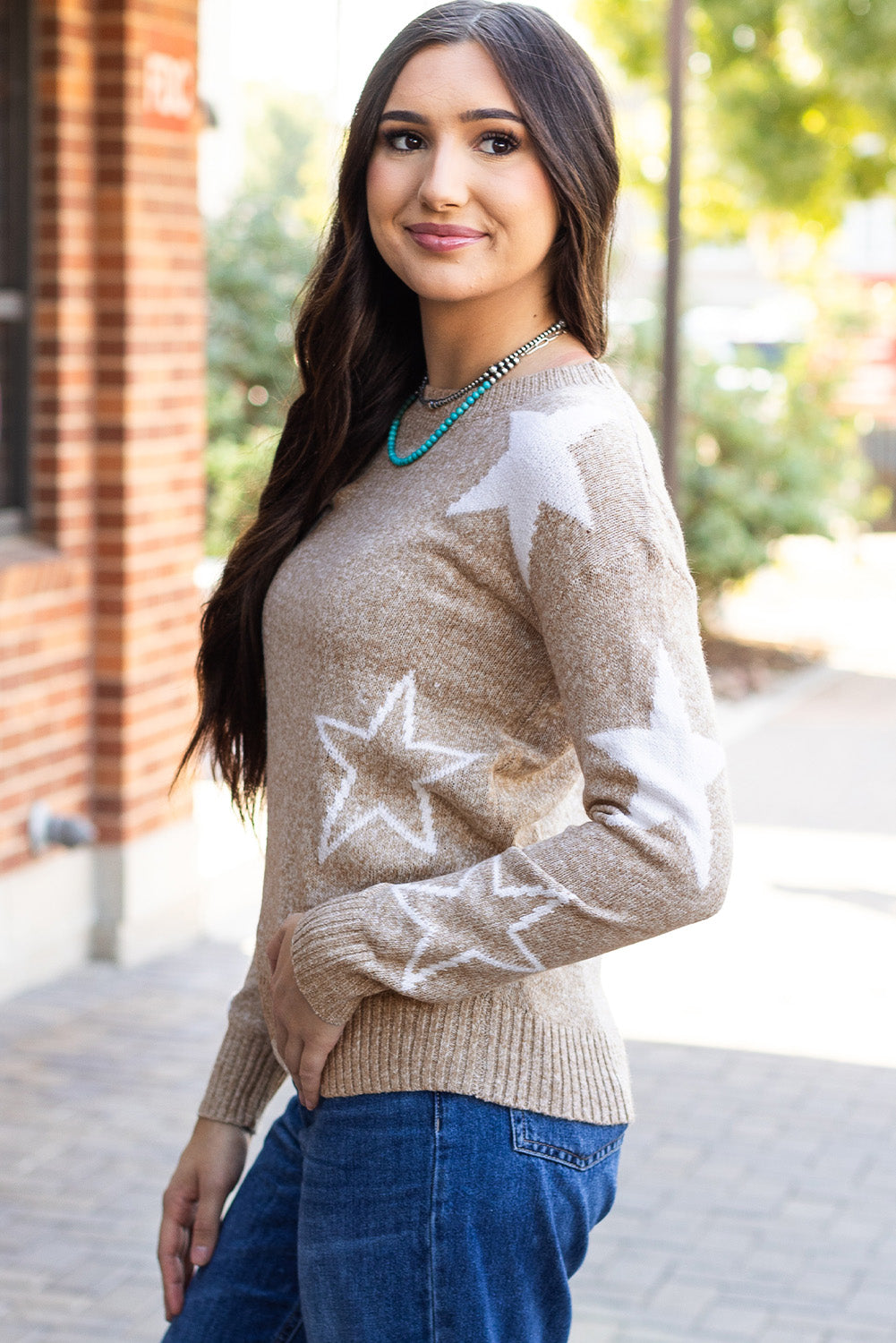 Gray Star Pattern Drop Shoulder Sweater