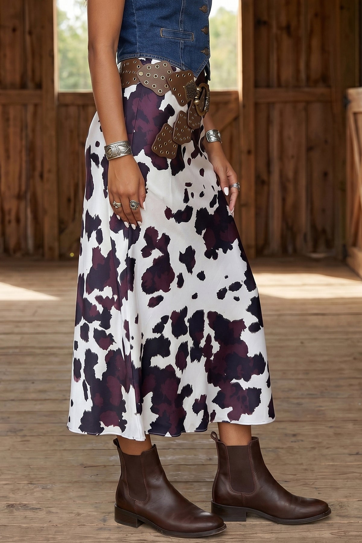 Brown Abstract Print Western Long Metal Zip-Up Waist Daily Wear Skirt