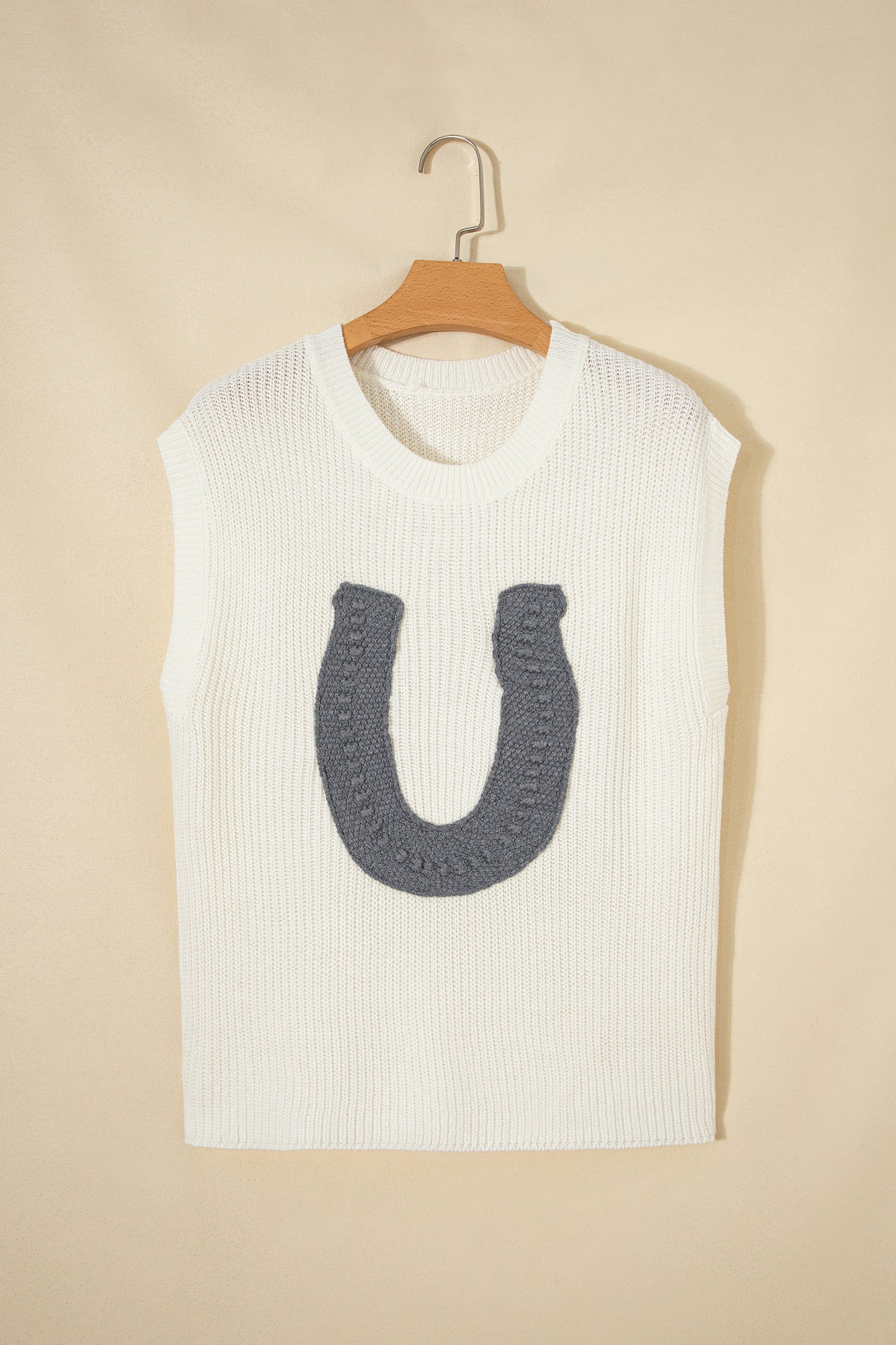 White Crochet Horseshoe Short Sleeve Knit Sweater