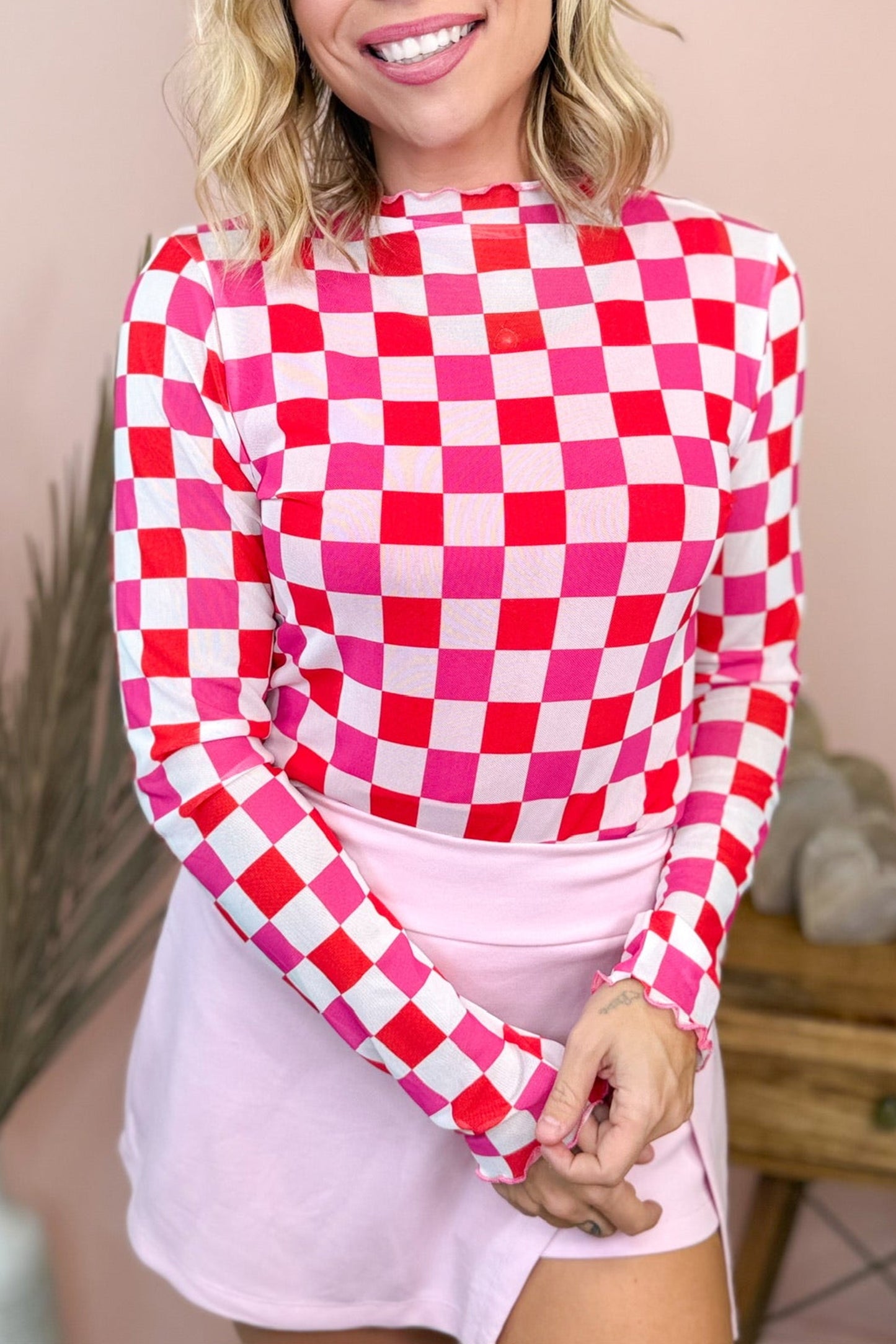 Dark Blue Plaid Mesh Sheer Long Sleeve Top