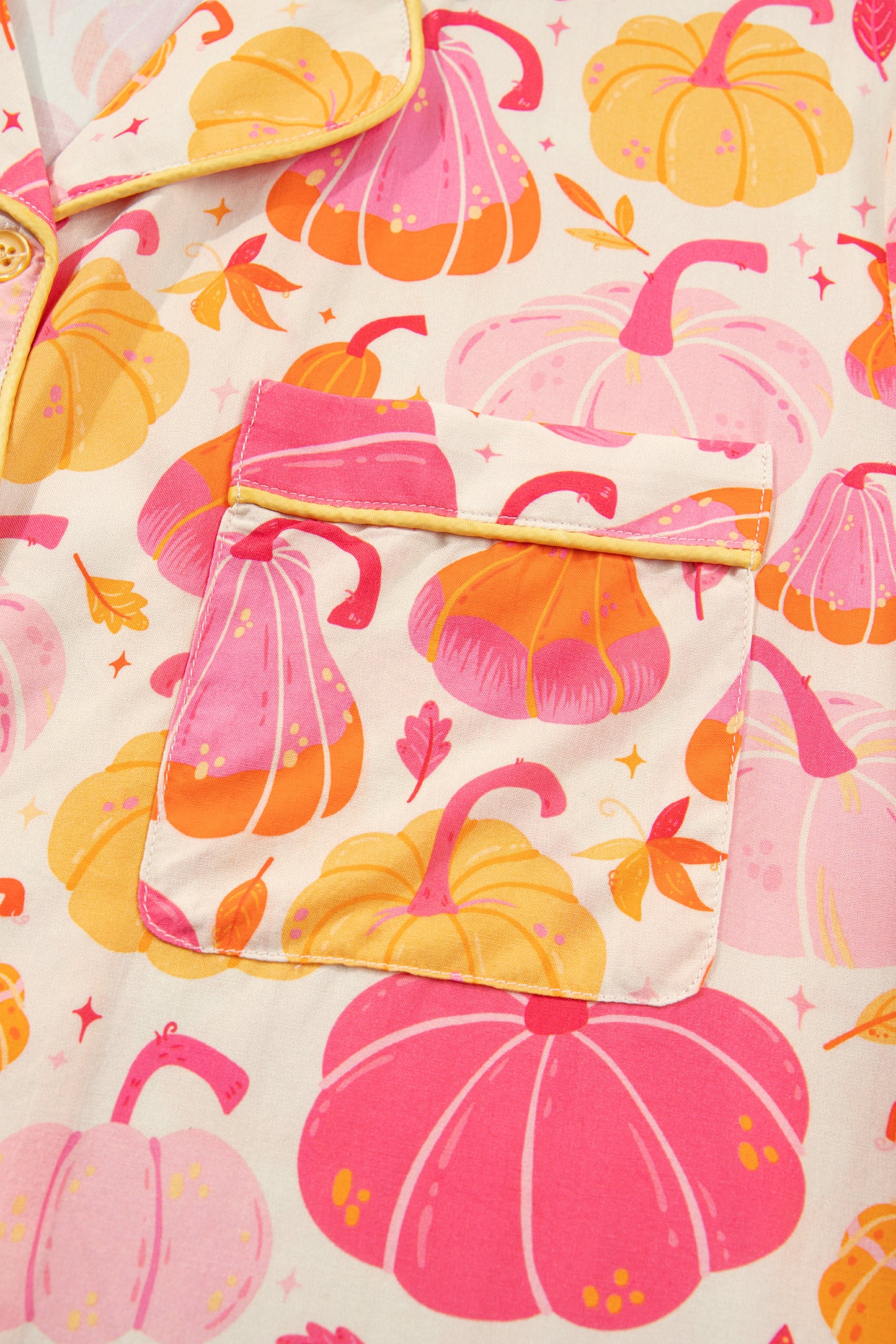 Pink Short Sleeve Pumpkin Print Pocket Placket Shell Button Lounge Set