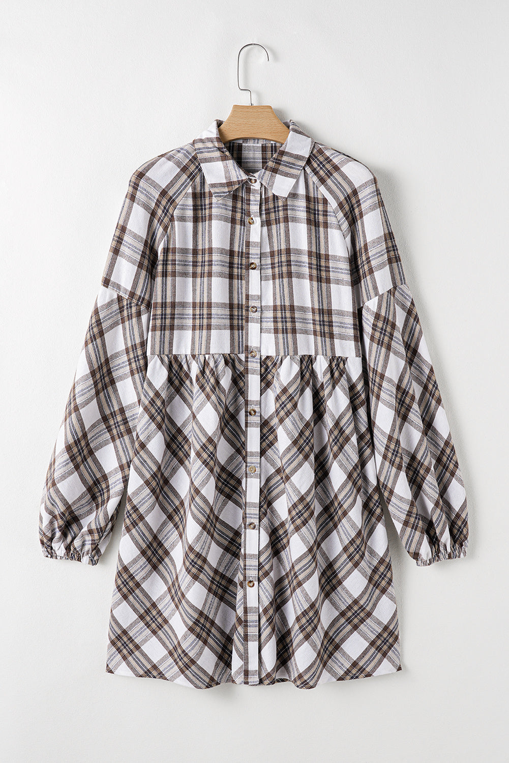 White Plaid Bubble Sleeve Flowy Shirt Dress