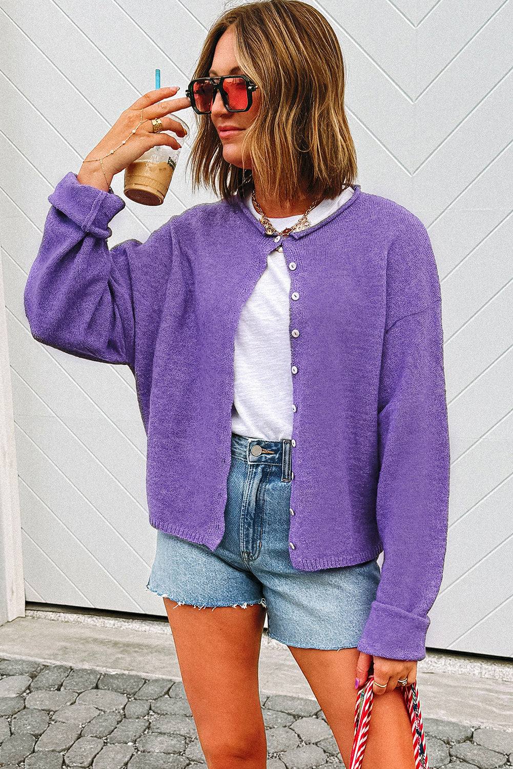 Bright Green Solid Color Knit Button Drop Shoulder Sweater Cardigan