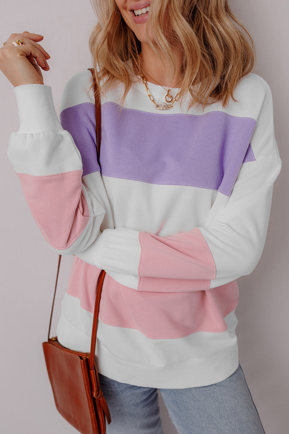 Beige Colorblock Patchwork Drop Shoulder Crewneck Sweatshirt