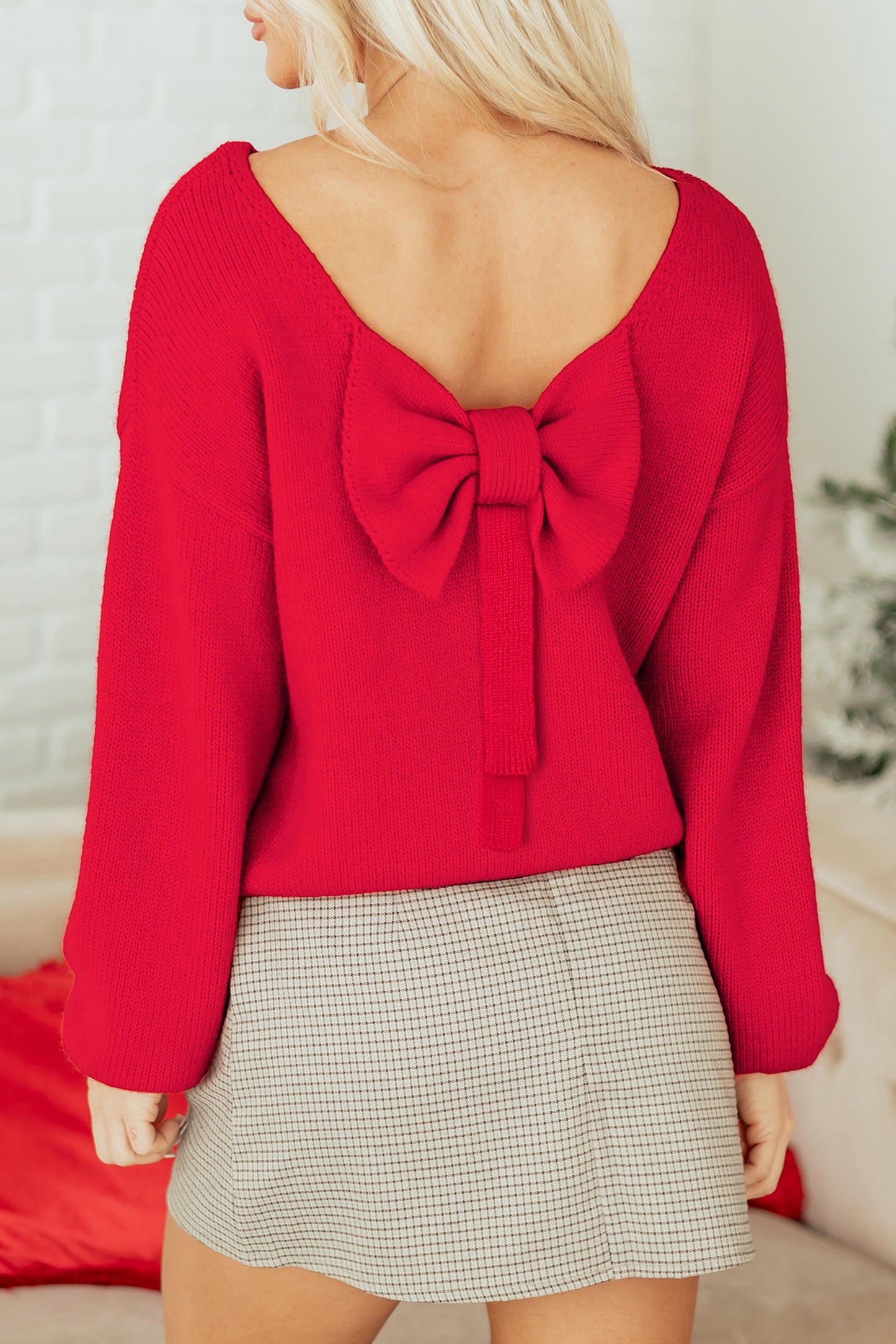 Bright Green Bow Backless Bubble Sleeve Sweater