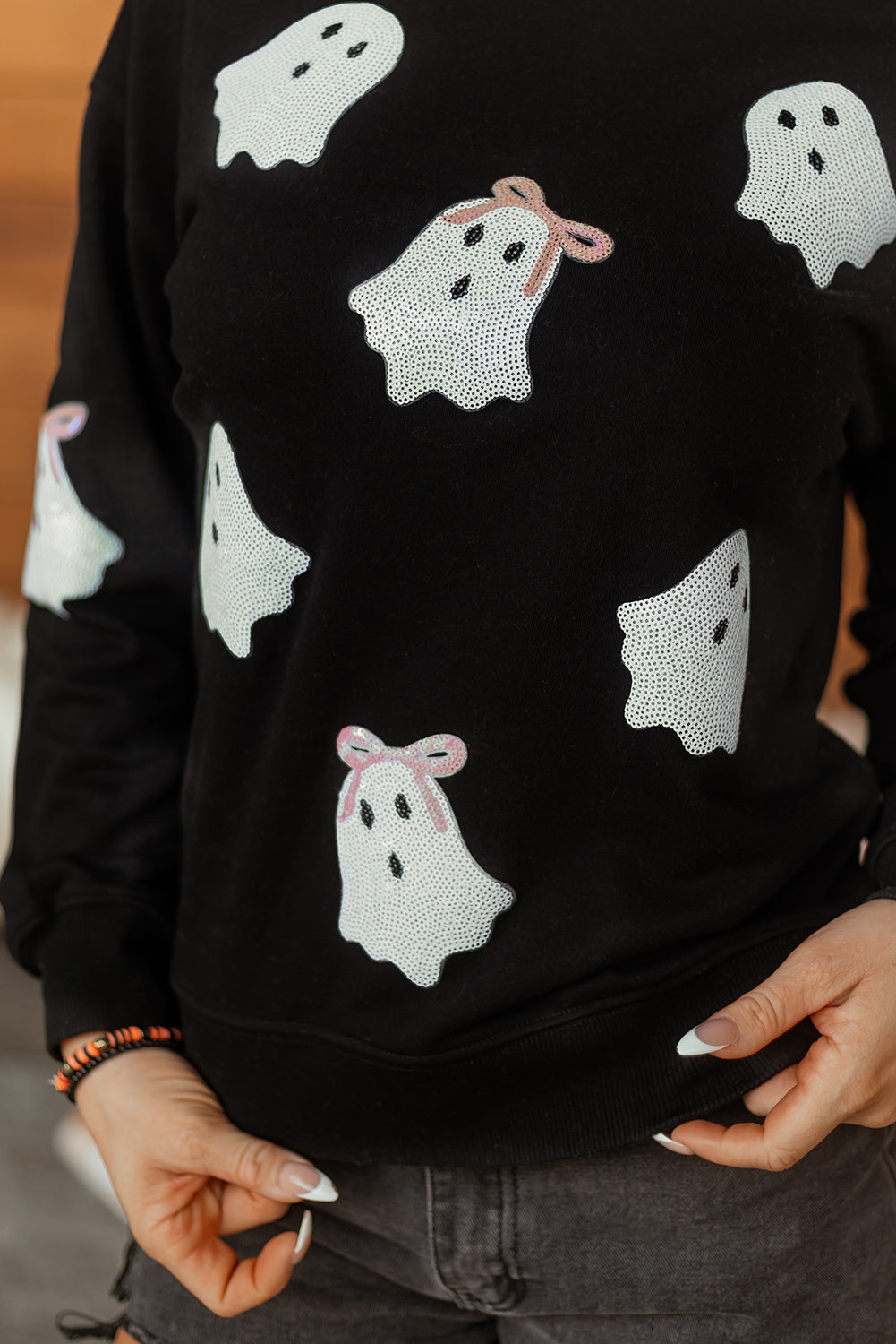 Black Sequin Cute Bow Ghost Graphic Crew Neck Halloween Sweatshirt