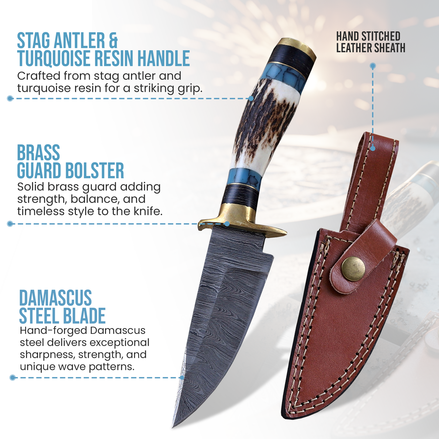 8' Damascus knife with leather sheath, Horn handle