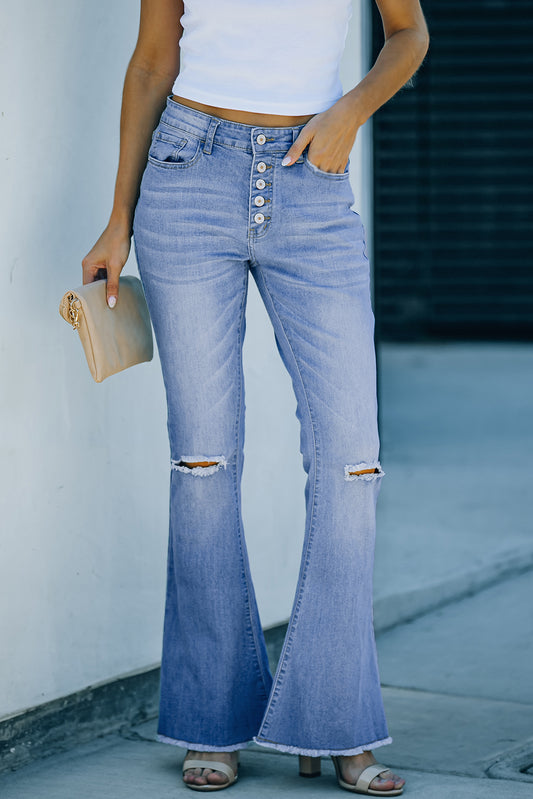 Sky Blue High Rise Distressed Bell Bottom Denims