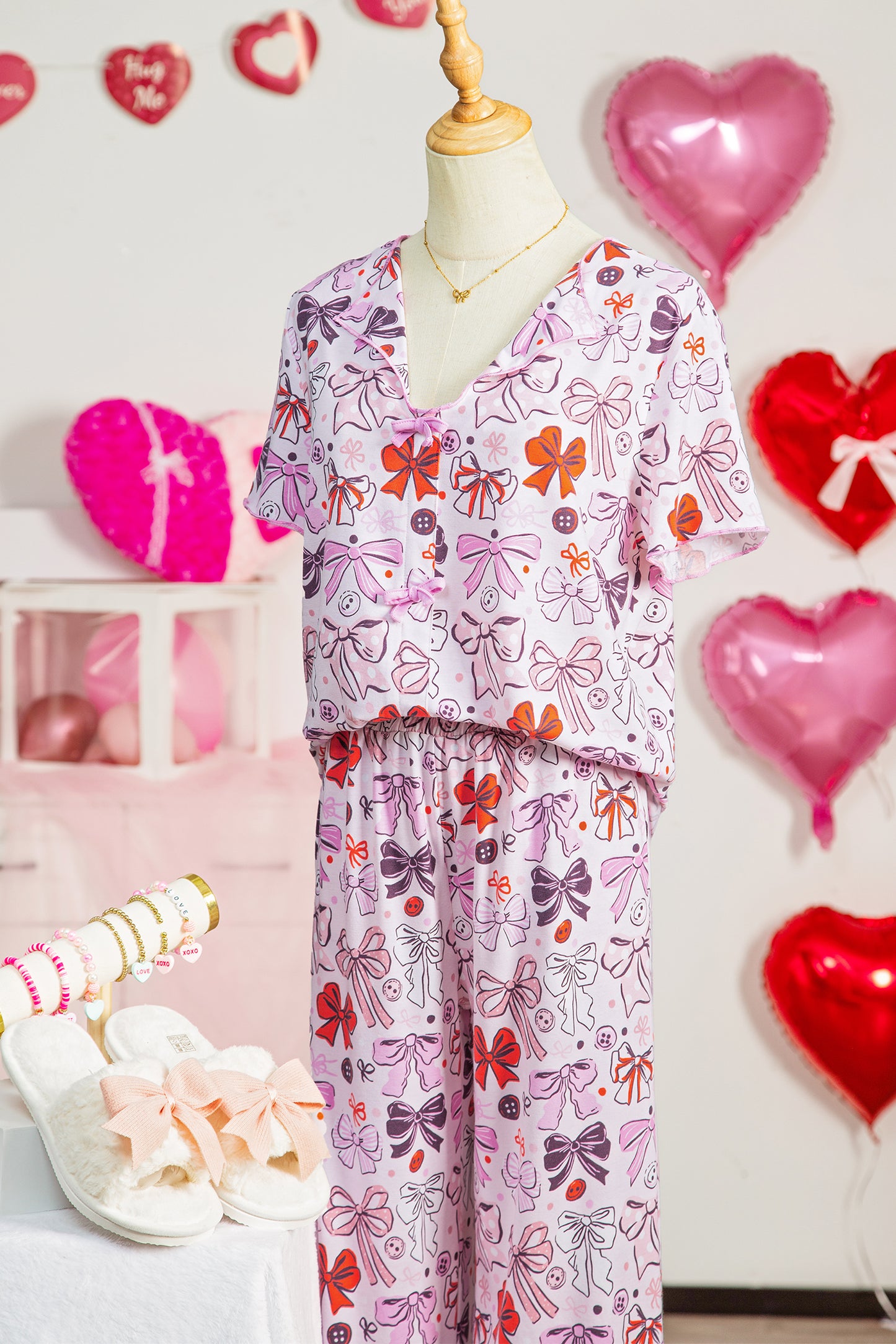 Pink Diverse Bows Buttons Printed Contrast Trim Short Sleeve Shirt Pajama Pant Set