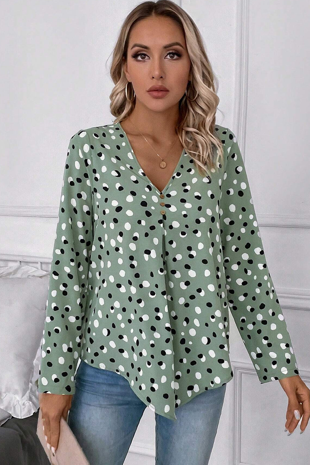 White Polka Dot Print Button Front V Neck Blouse