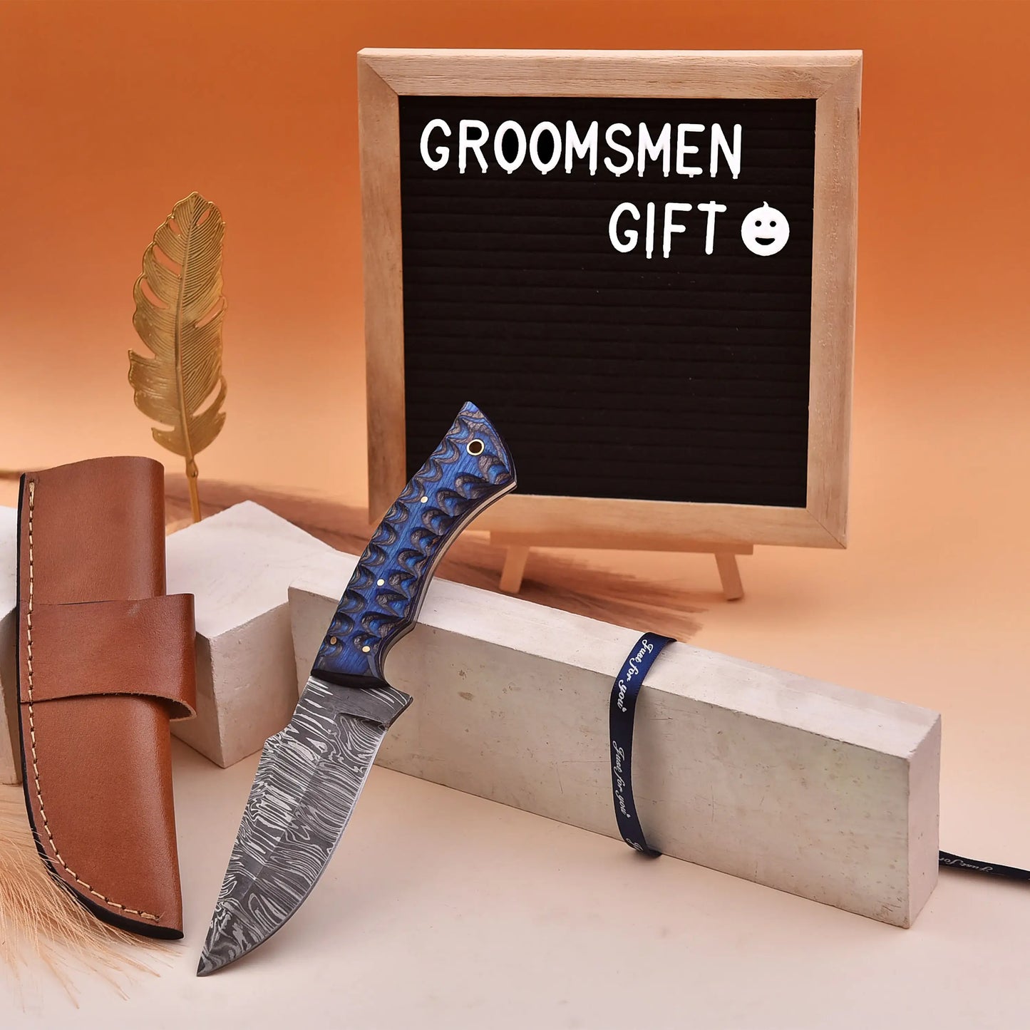 9.5' Grooved handle Damascus knife with leather sheath