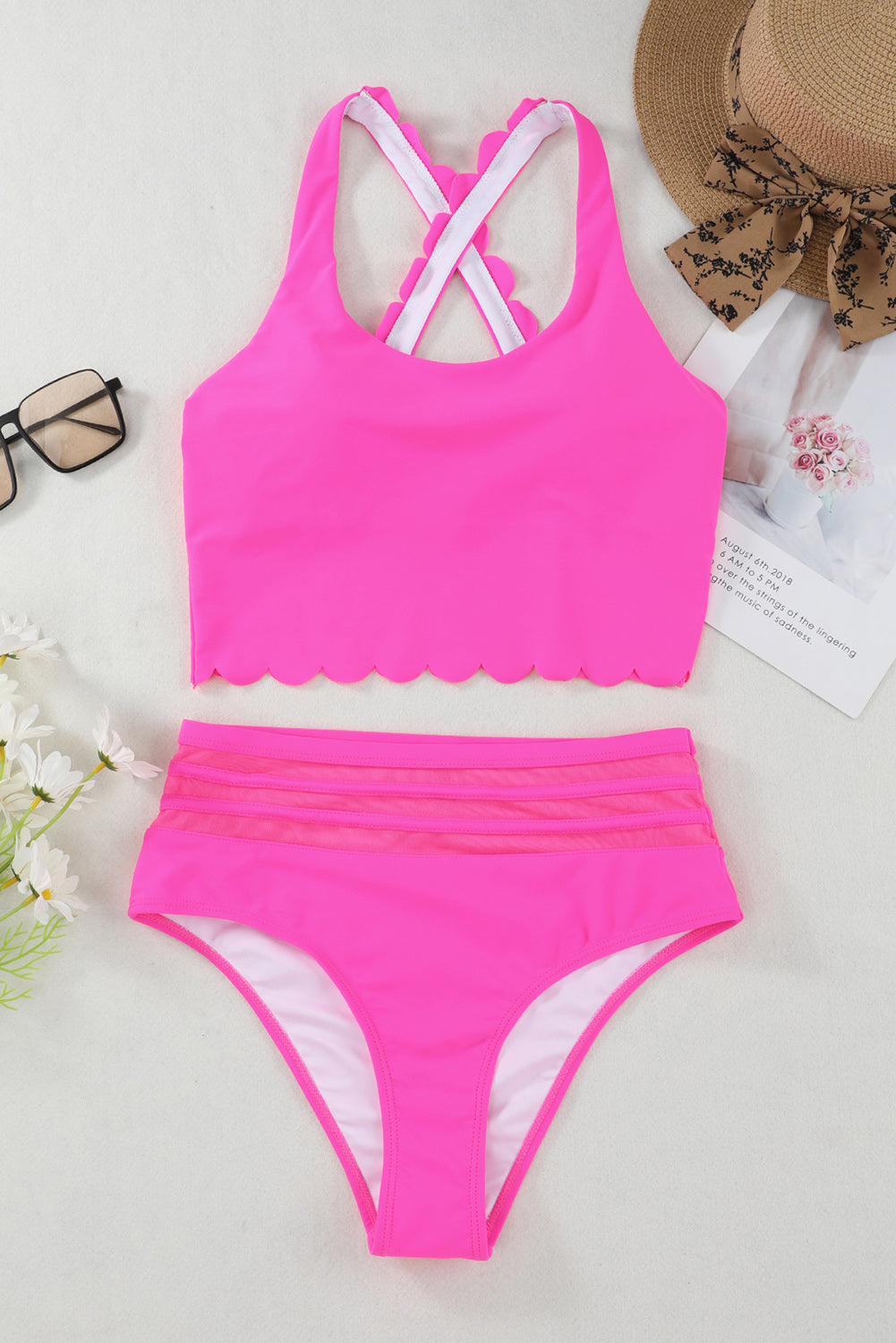 Rose Scalloped Criss Cross High Waist Bikini