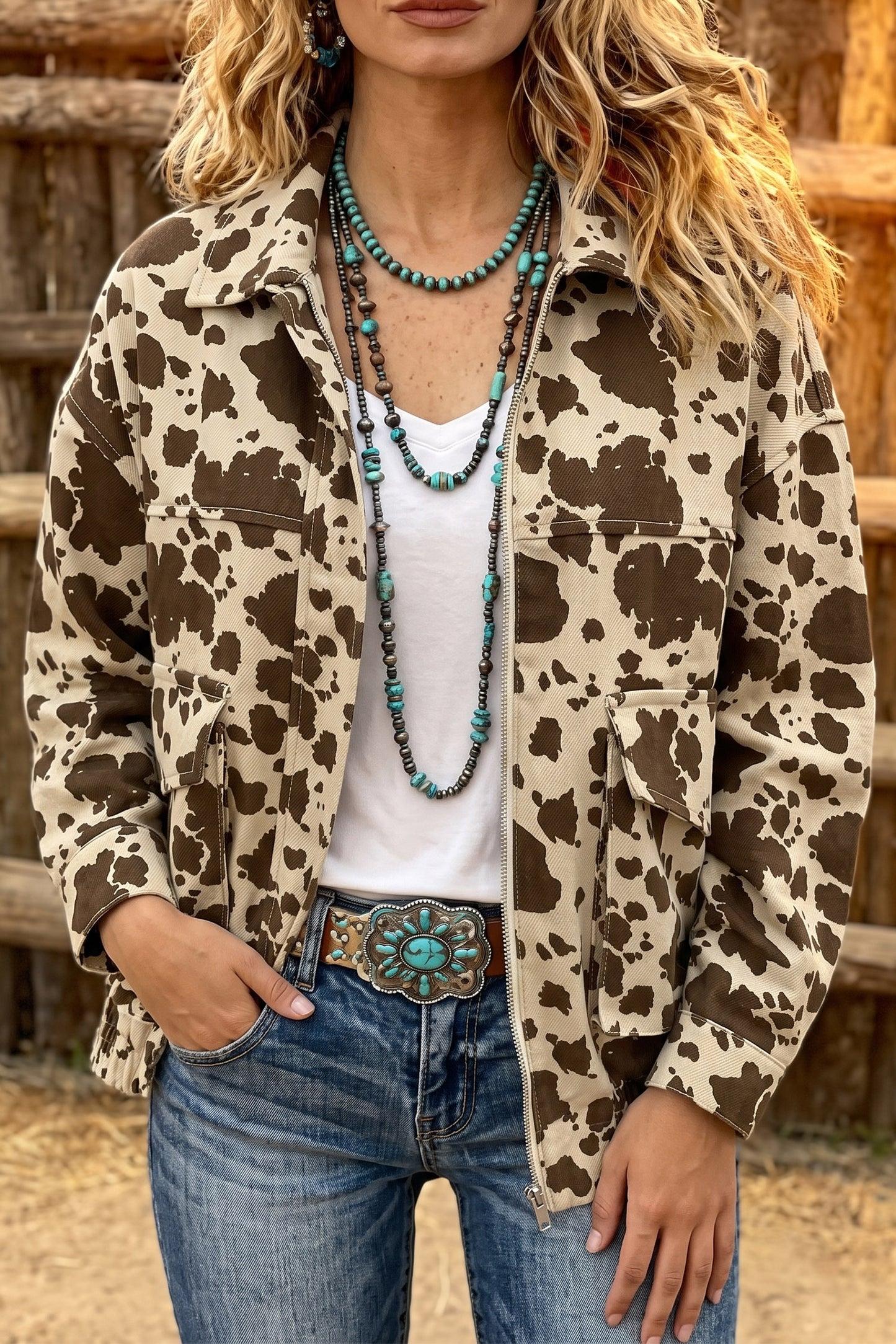 Brown Western Cow Print Cargo Pocket Denim Jacket