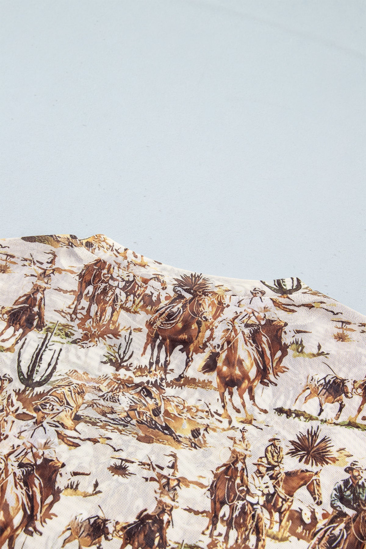 Beige Western Cowboy Floral Print Sheer Mesh Long Sleeve Top
