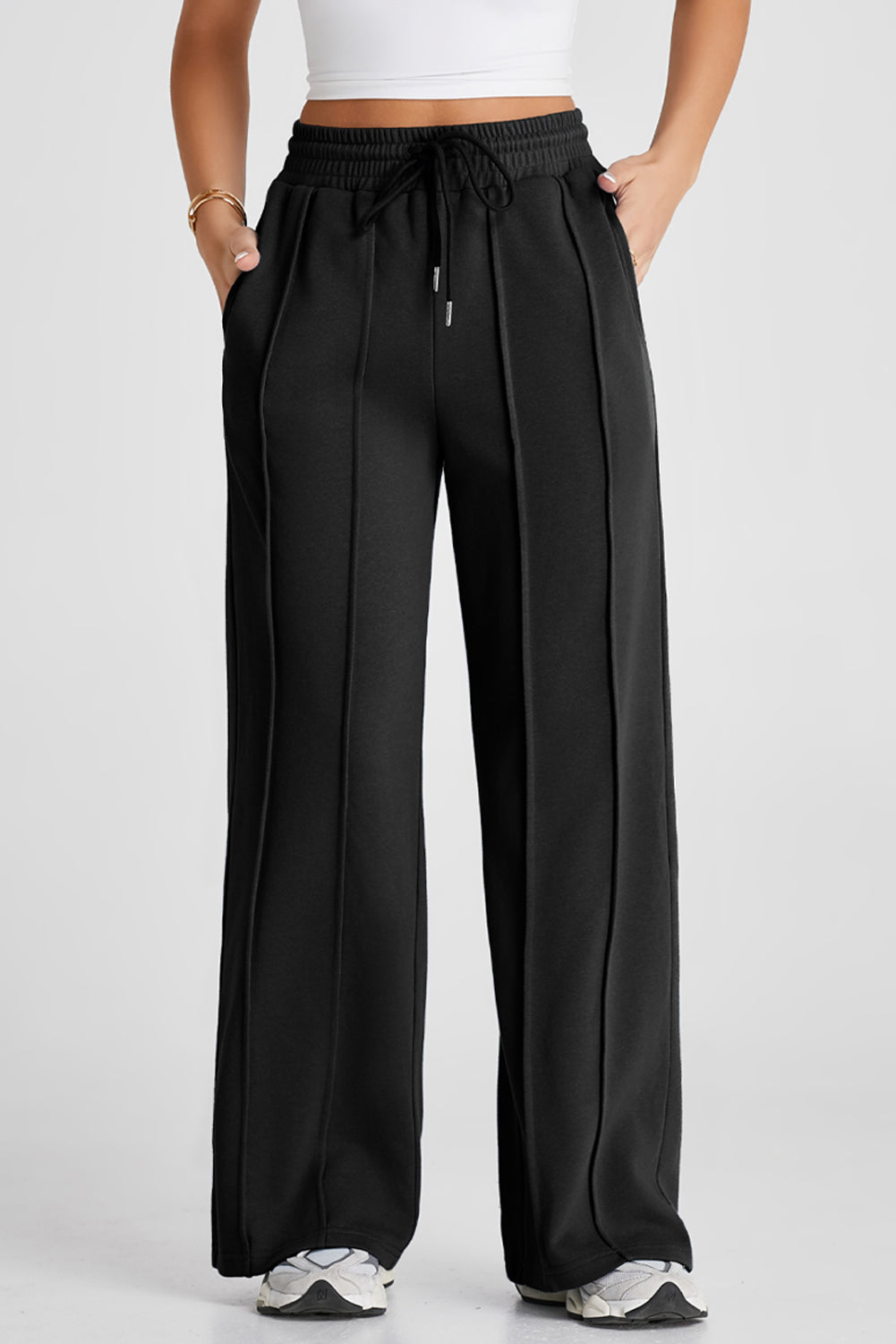 Gray Seamed Drawstring High Waist Wide Leg Sweatpants