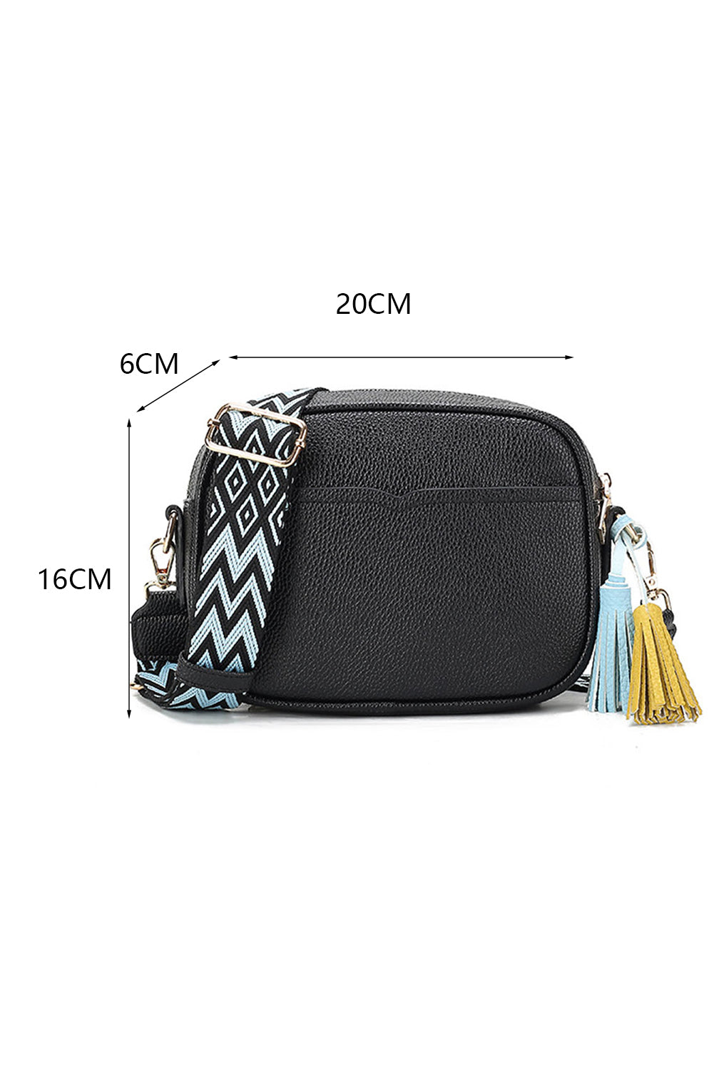 Black Geometric Print Strap Tassel Shoulder Bag