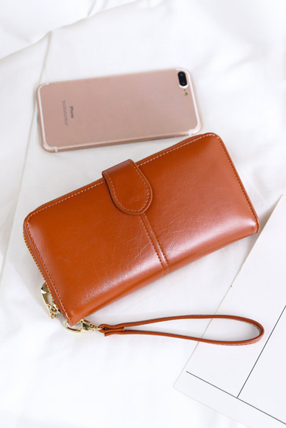 Cinnamon Faux Leather Zip Around Long Wristband Wallet