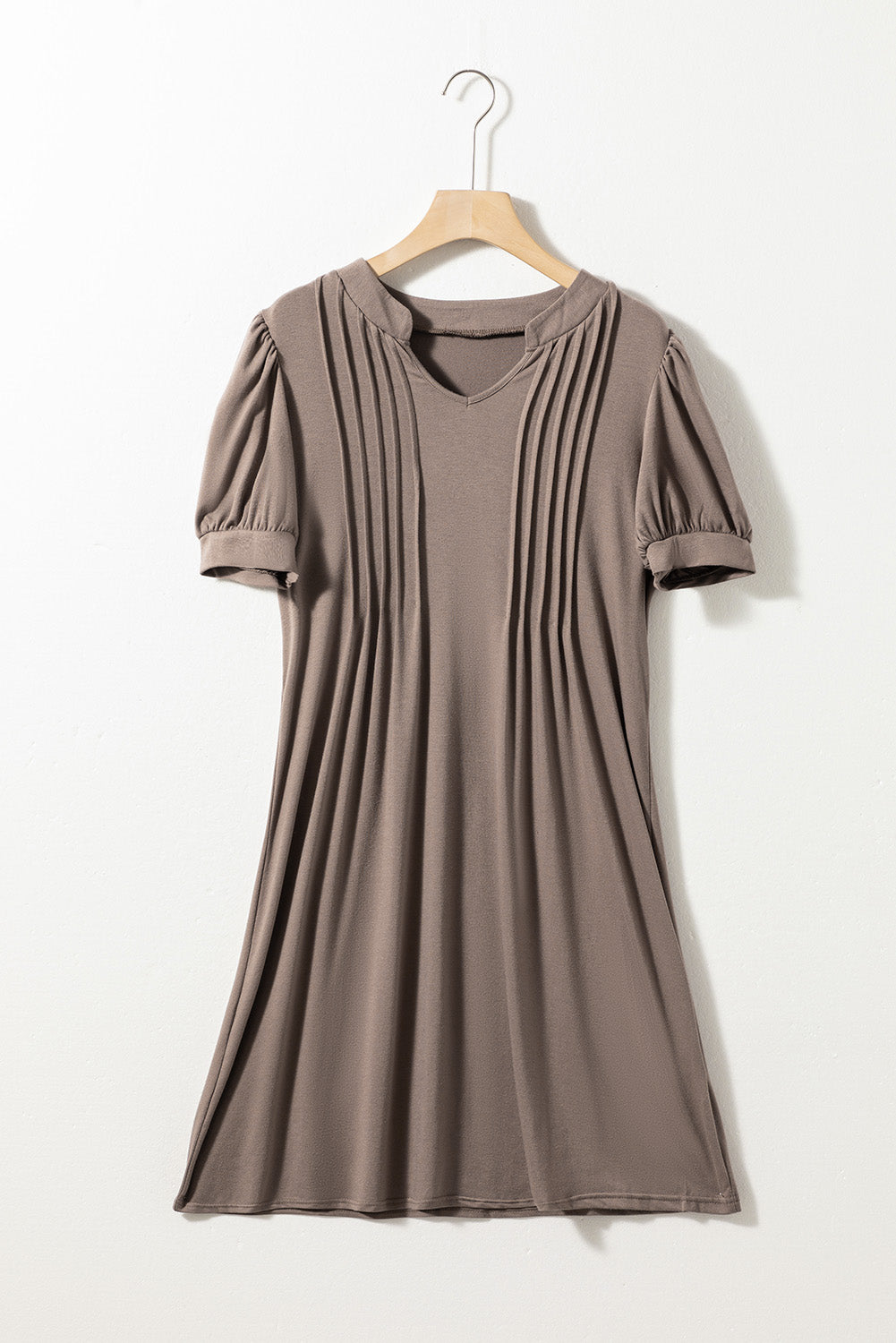 Black Notched Neck Pleated Puff Sleeve Shift T-shirt Dress