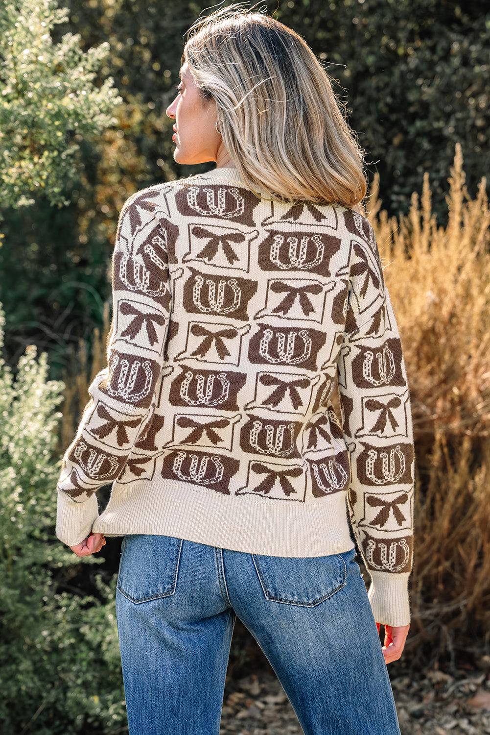 Pink Bows & Horseshoes Pattern Western Fashion Print Sweater