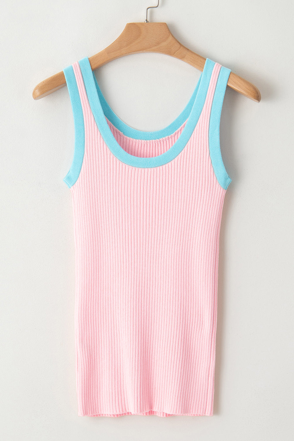 Blue Colorblock Edge Ribbed Knit U Neck Tank Top