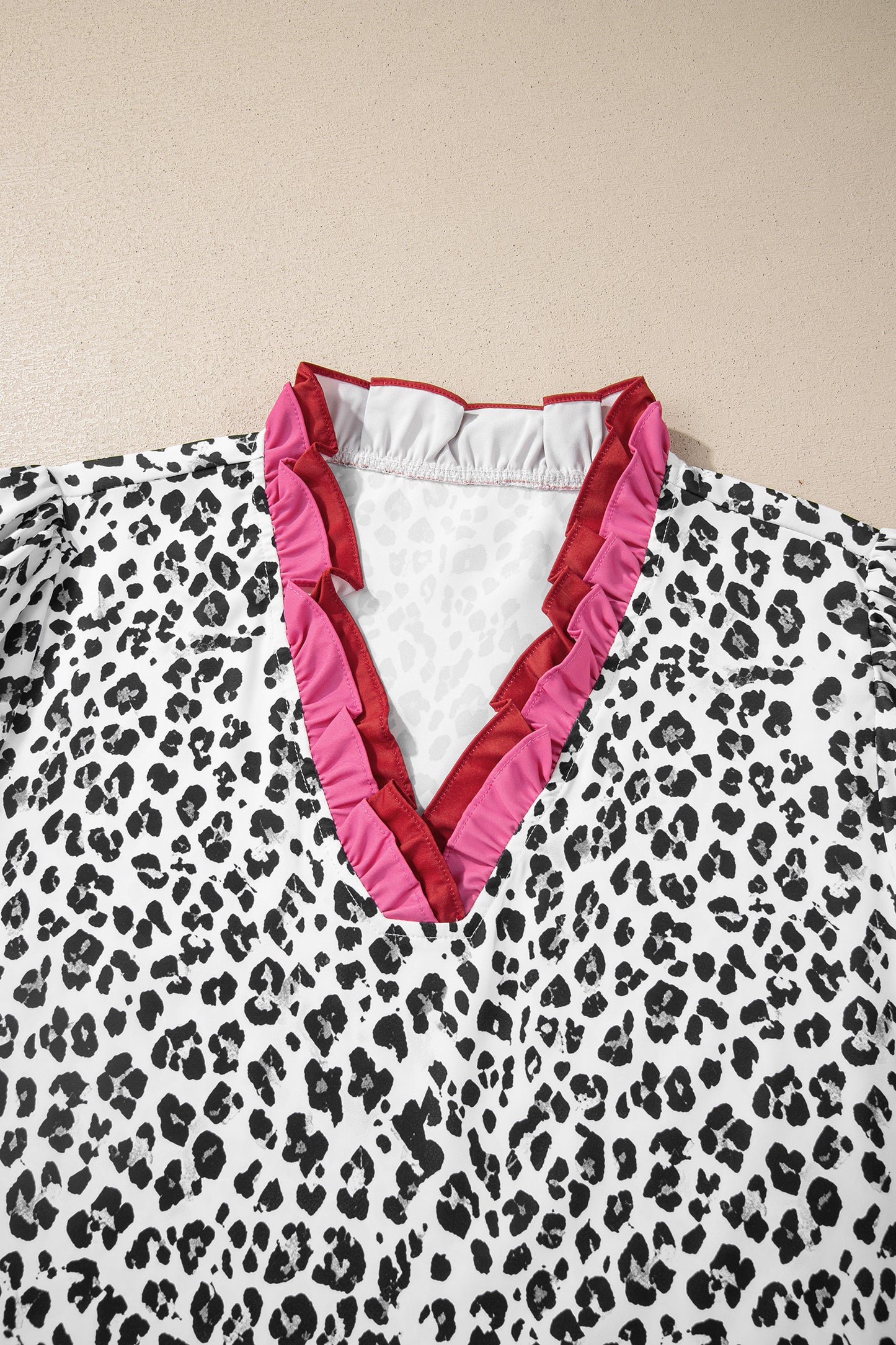 Pink Stripe Ruffled Trim V Neck Leopard Print Short Sleeve Blouse