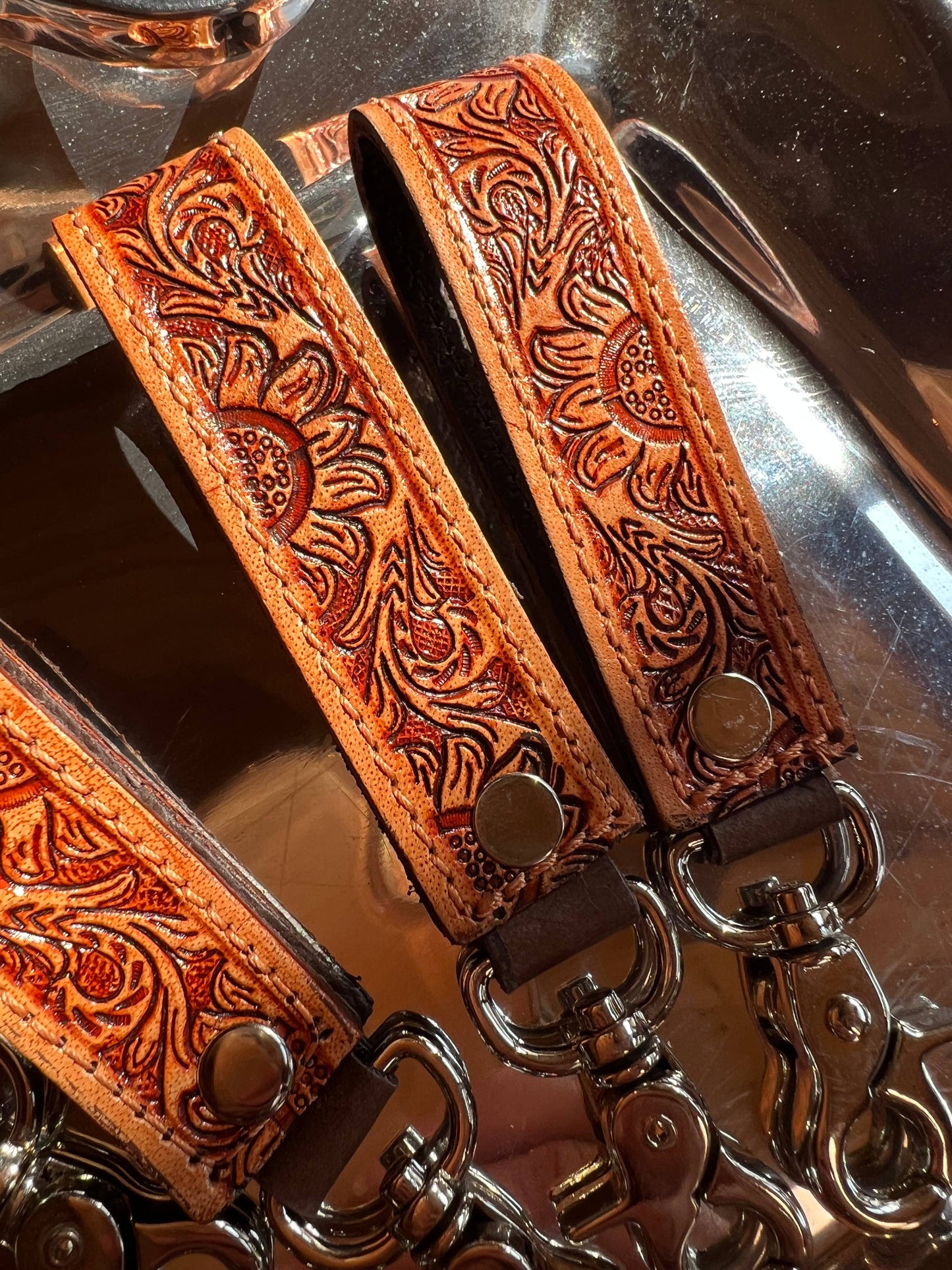 Tooled Leather Western Sunflower Keychain