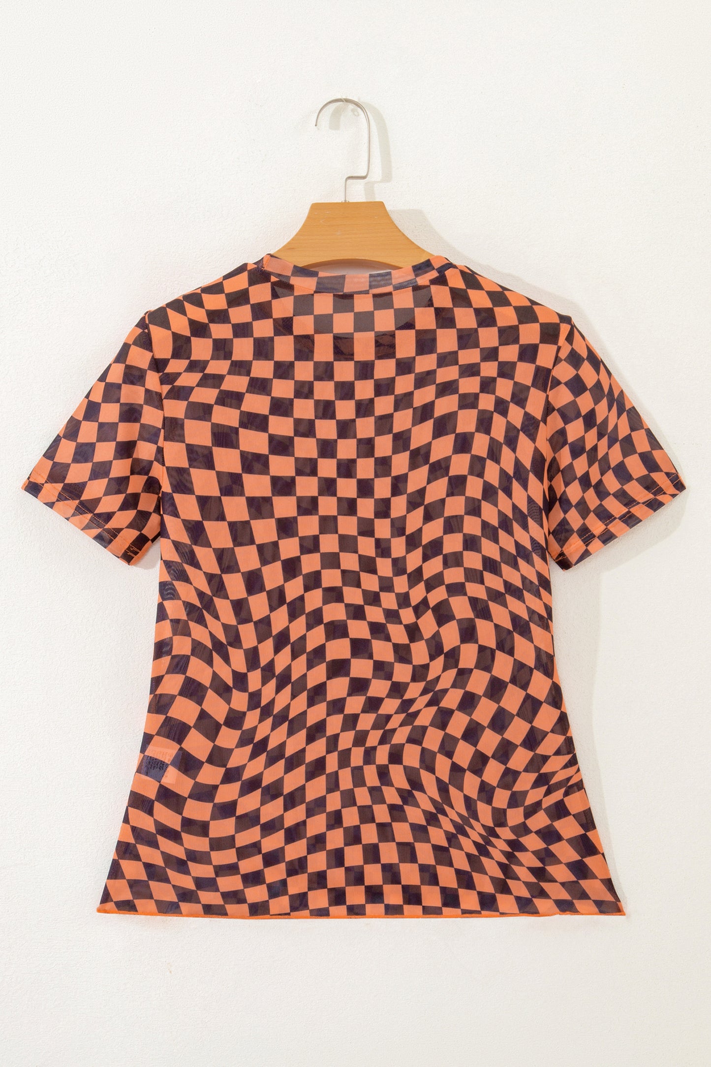 Orange Checkered Print Crew Neck Mesh T Shirt