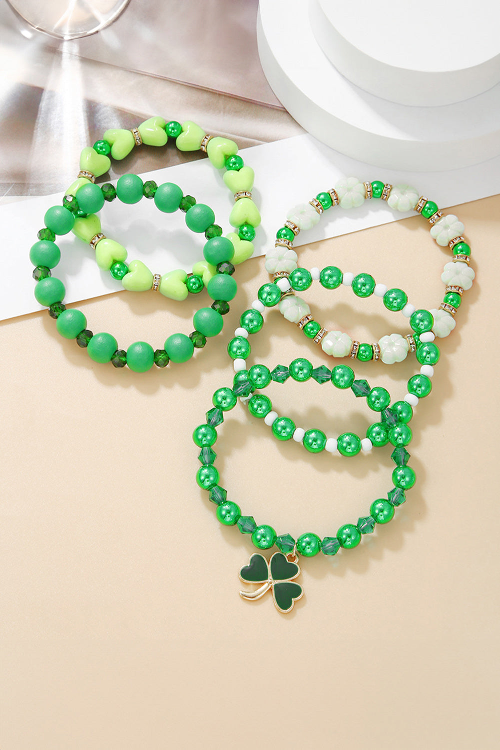 Green Clover Pendant Beaded 5pcs Bracelet Set