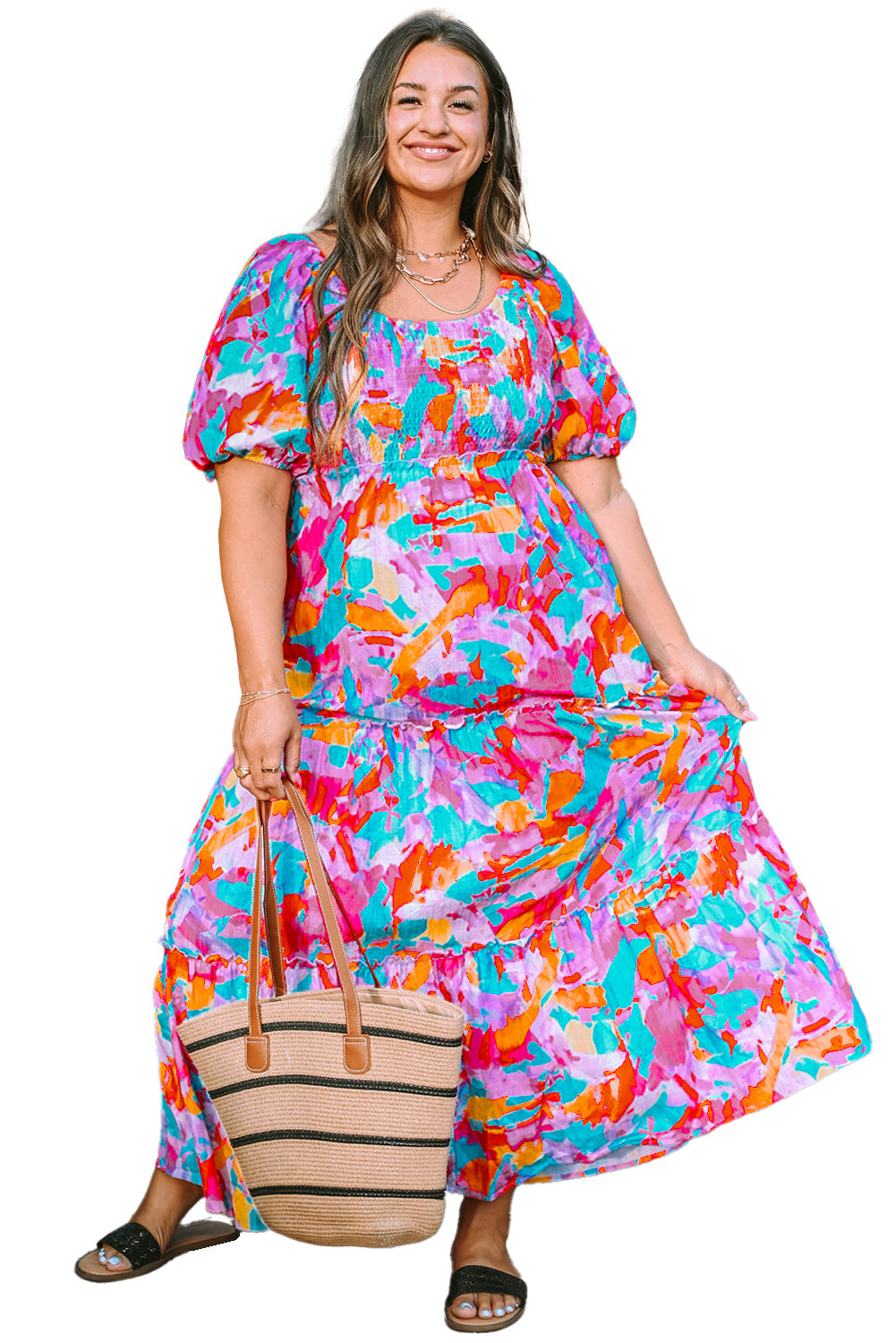 Multicolour Plus Size Floral Smocked Puff Sleeve Maxi Dress