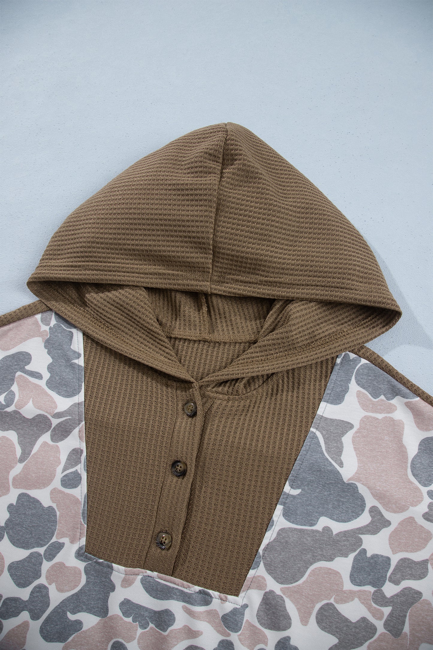 Khaki Camouflage Print Waffle Knit Patchwork Half Zip Plus Size Hoodie