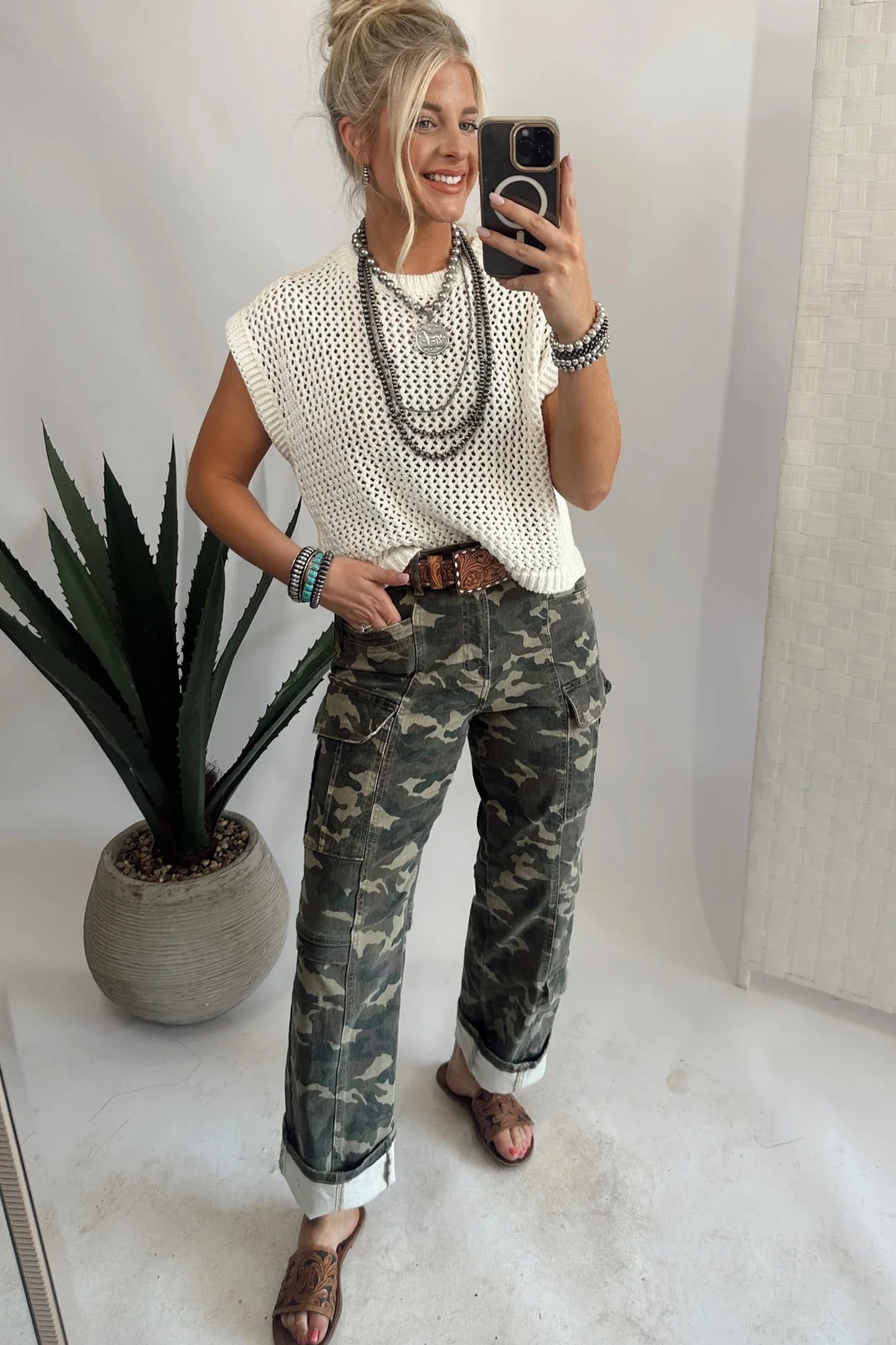 Green Camouflage Print Multi Pocketed Womens Denim Pants
