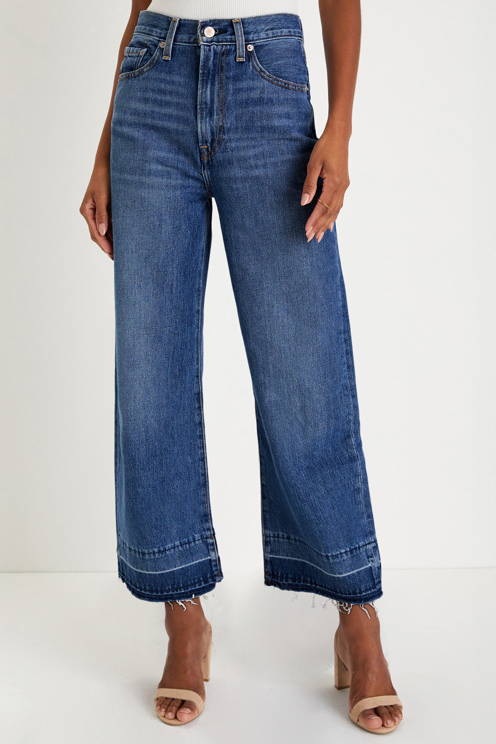 Navy Blue Raw Hem Straight Leg Loose High Waist Jeans