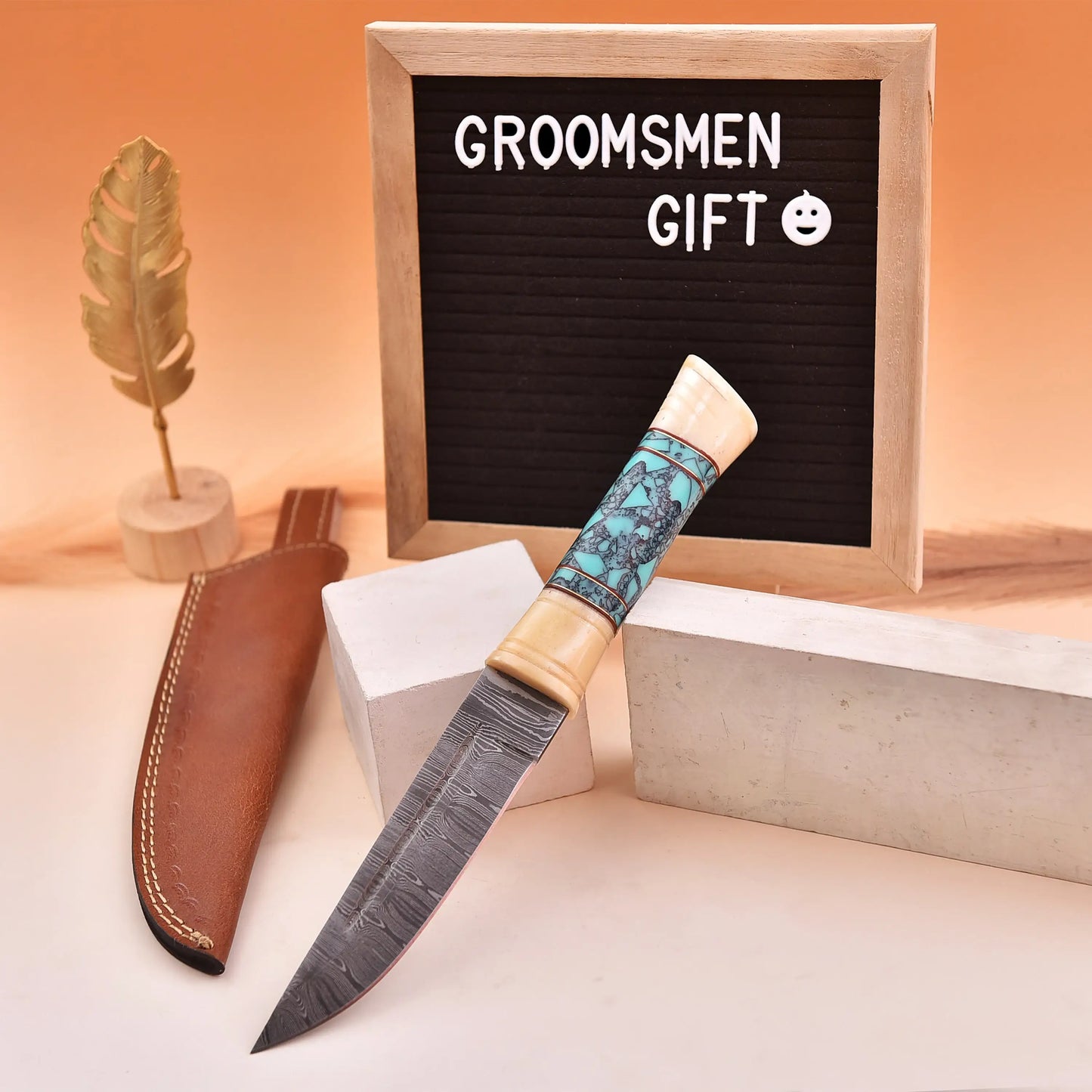 10' Bone handle damascus steel knife with leather sheath