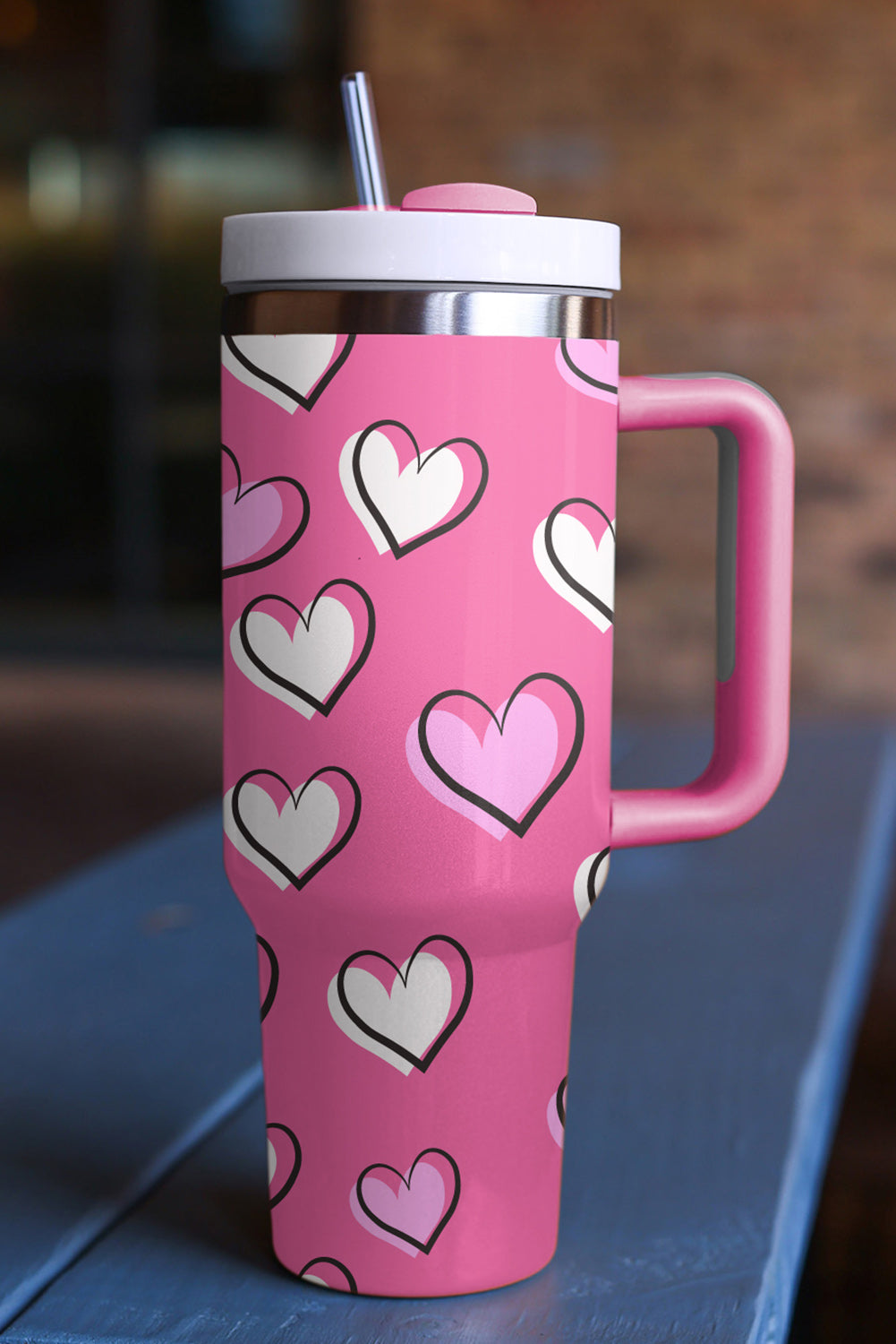 Rose Red Heart Print Thermos Cup with Handle 1200ml