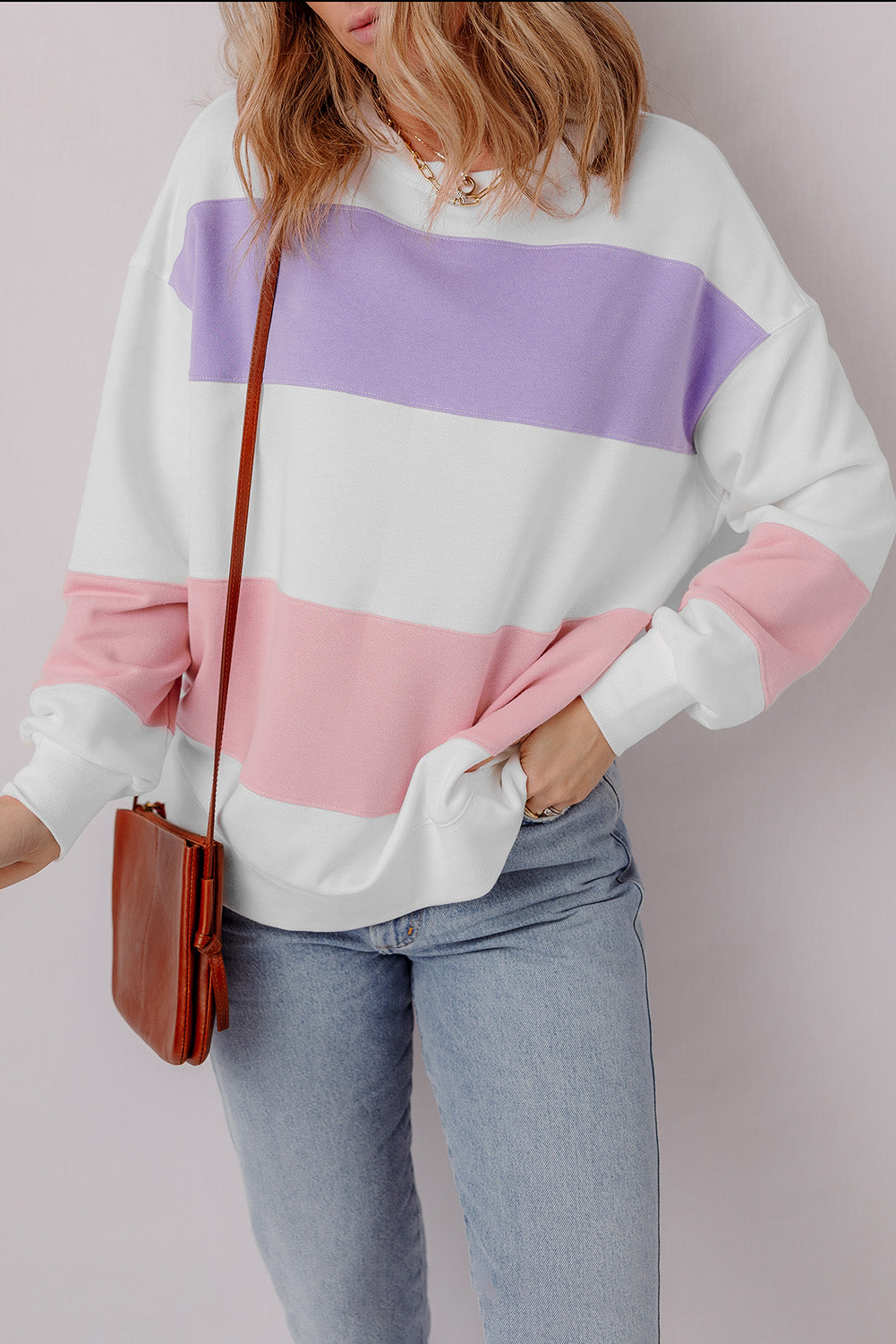 Beige Colorblock Patchwork Drop Shoulder Crewneck Sweatshirt