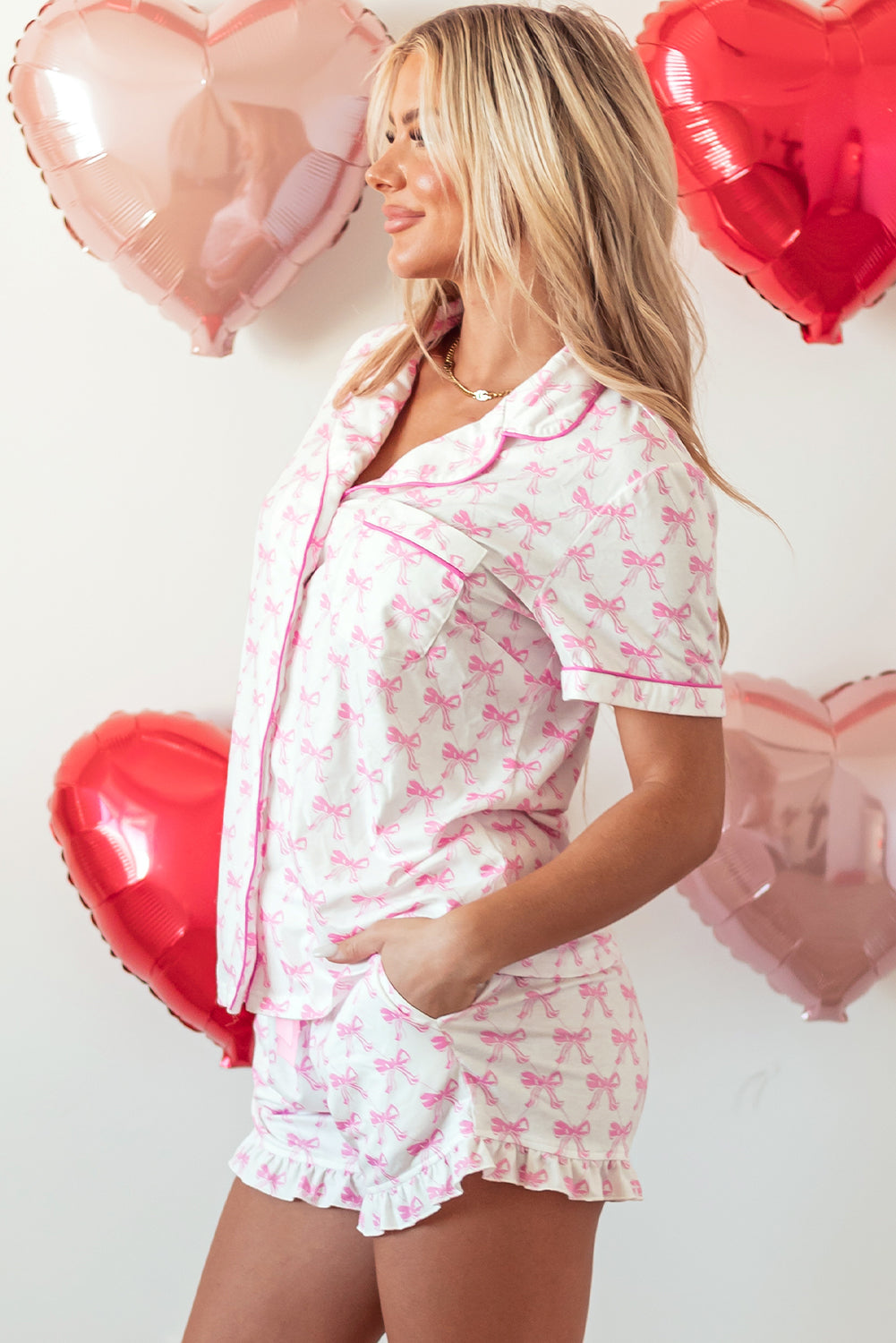 Pink Bowknot Printed Short Sleeve and Ruffled Shorts Pajama Set