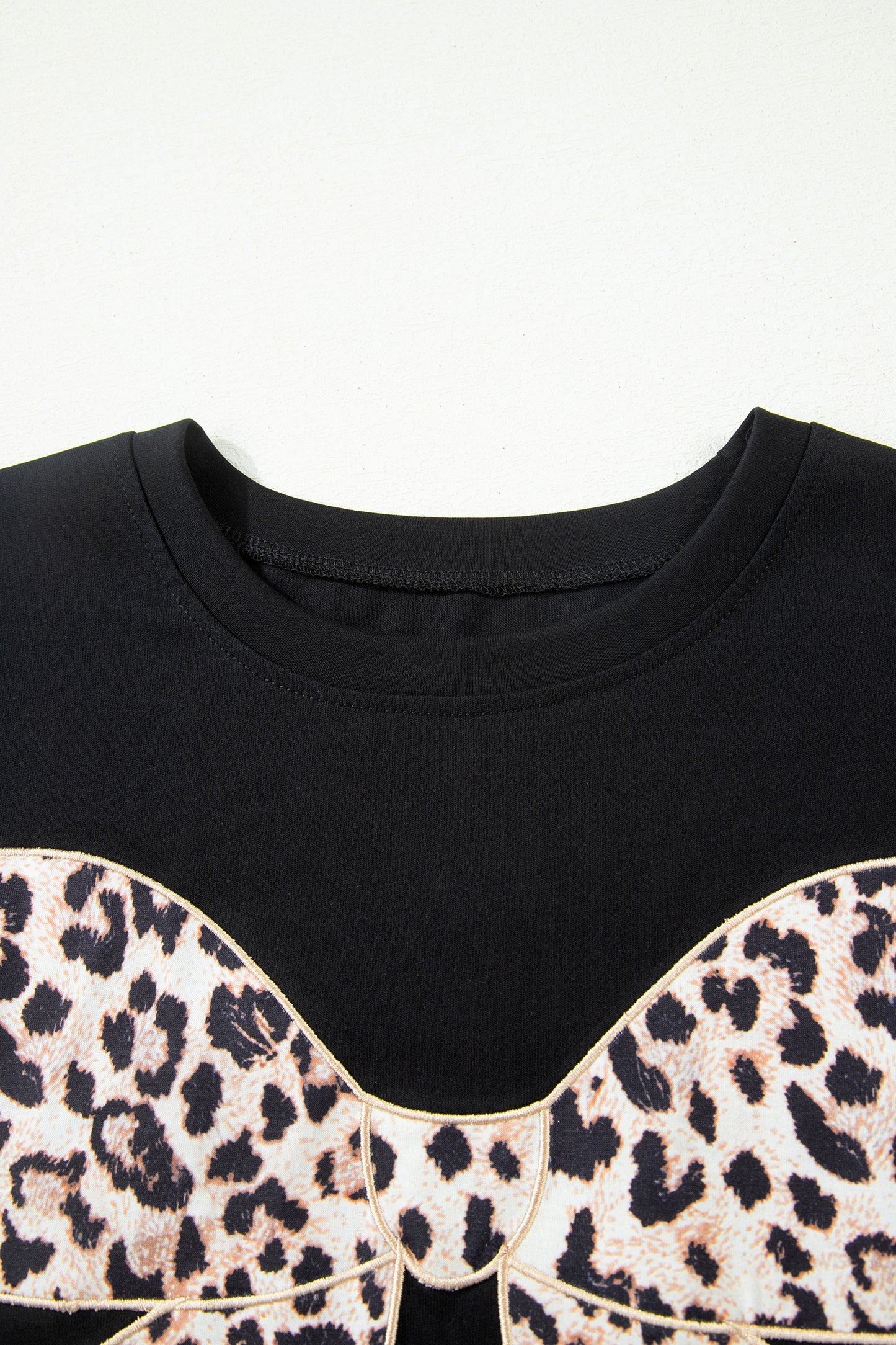 Pink Leopard Bow Embroidered Cotton Round Neck T Shirt