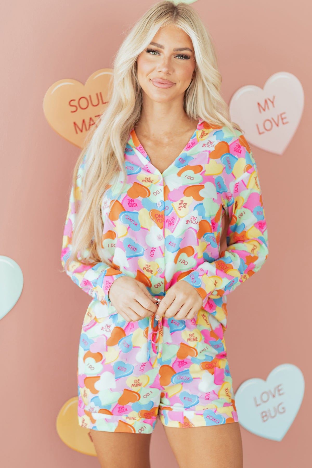 Pink Valentines Candy Heart V Neck Collared Tunic Shirt and Shorts 2pcs Pajama Set
