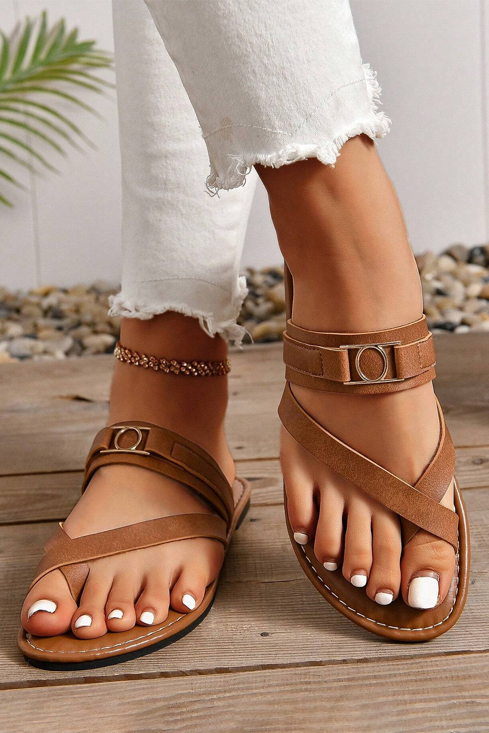 Chestnut Cross Toe Metal Buckle Leathered Flat Slippers