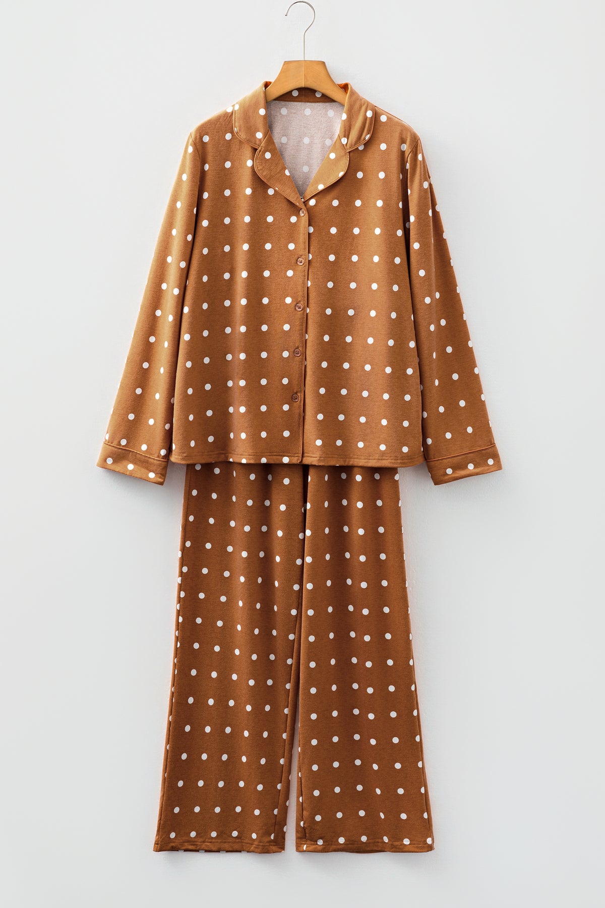 Brown Polka Dot Print Long Sleeve Shirt Pant 2pcs Pajama Set