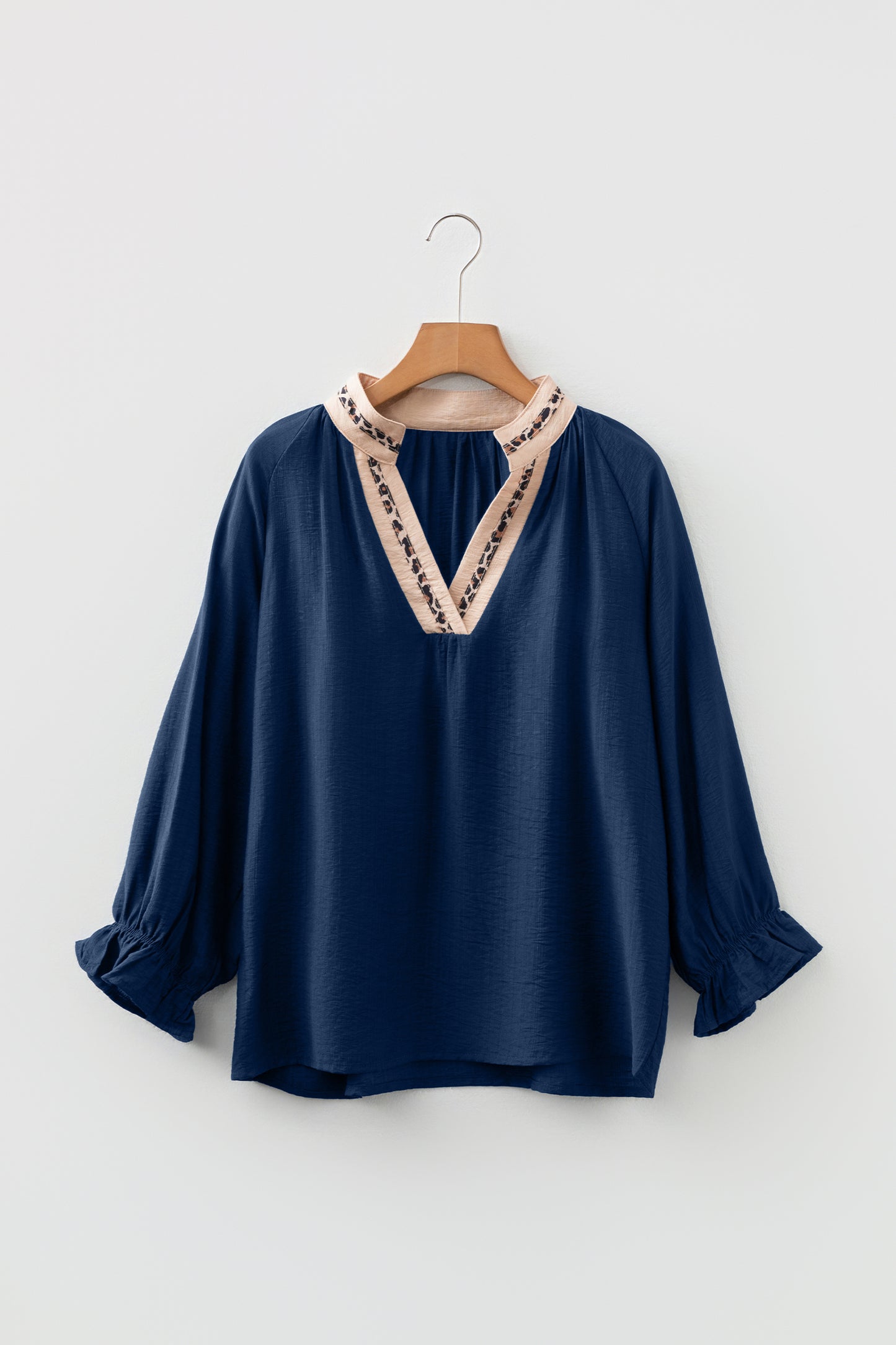 Violet Leopard Trim V Neck Flounced Bracelet Sleeve Blouse