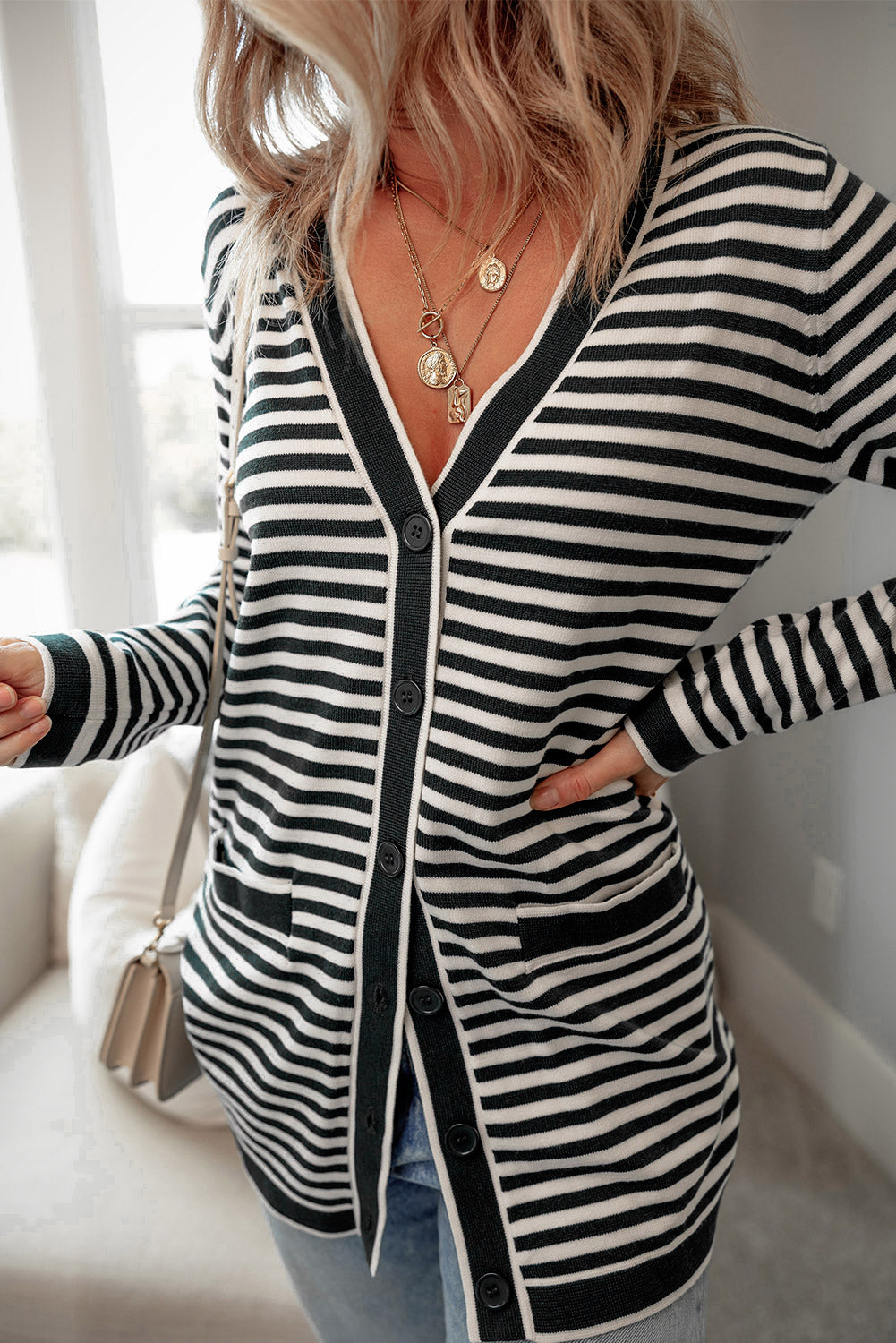 Black Stripe Long Sleeve Button up Tunic Cardigan