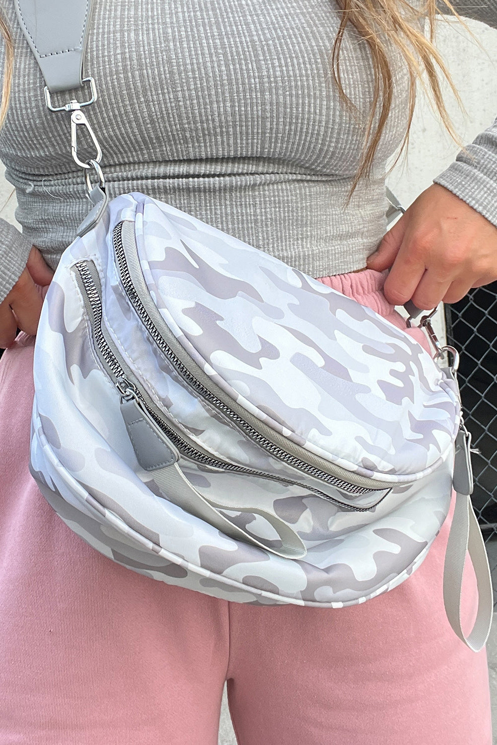 White Camouflage Print Double Zip Fashion Crossbody Bag