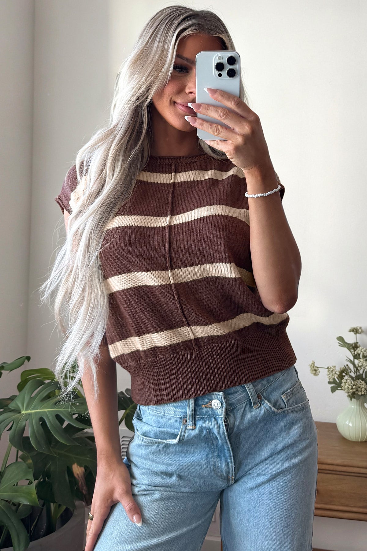 White Stripe Knit Western Short Sleeve Sweater