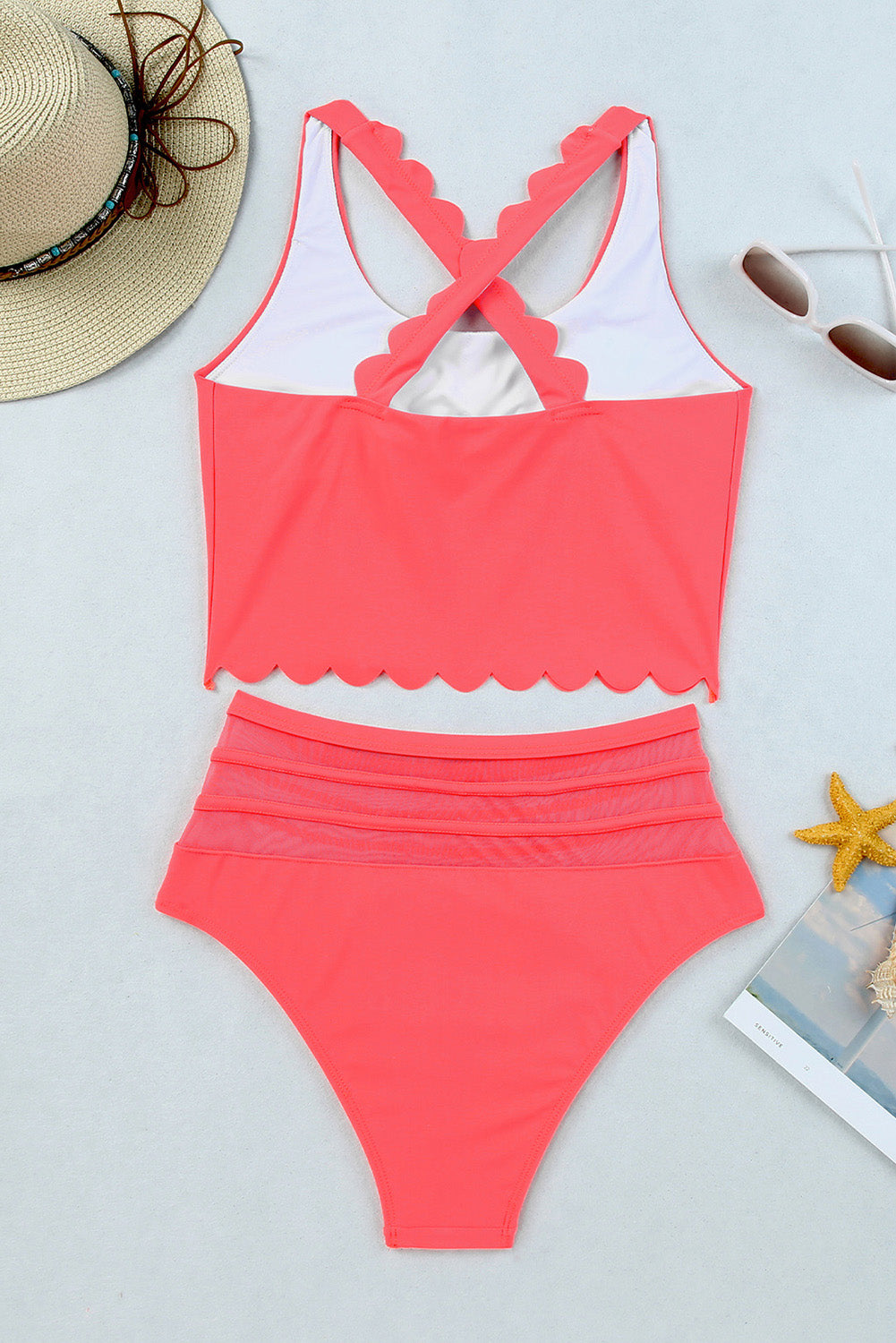 Rose Scalloped Criss Cross High Waist Bikini