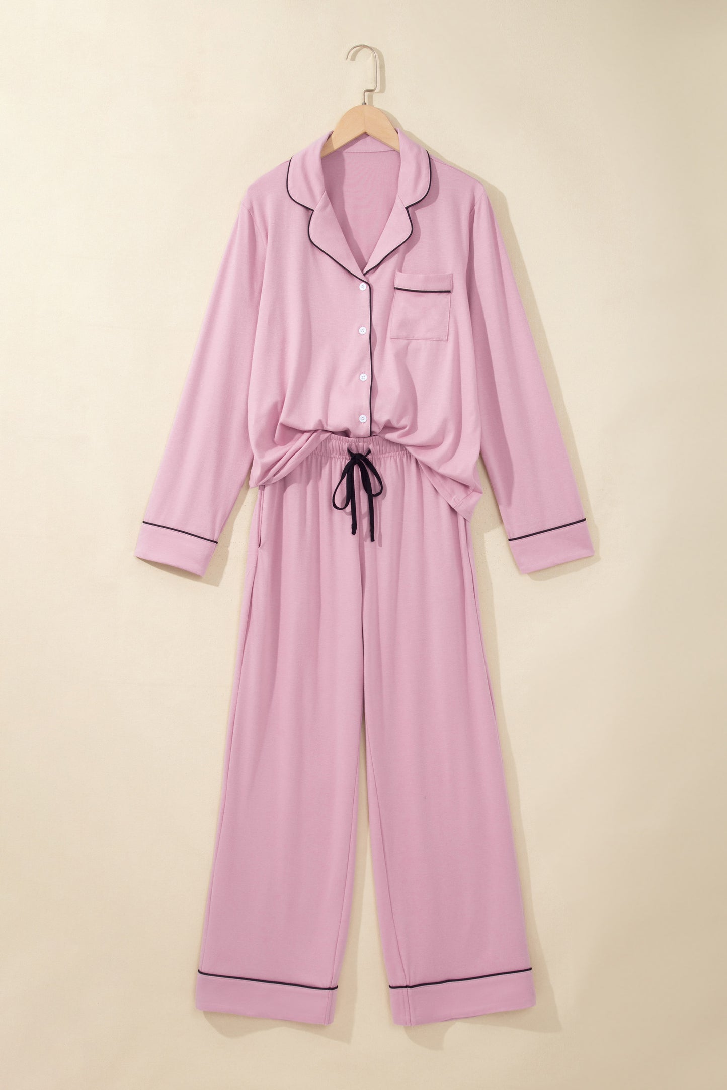 Delicacy Contrast Piping Trim Lapel Button Down Top 2pcs Lounge Pajama Set